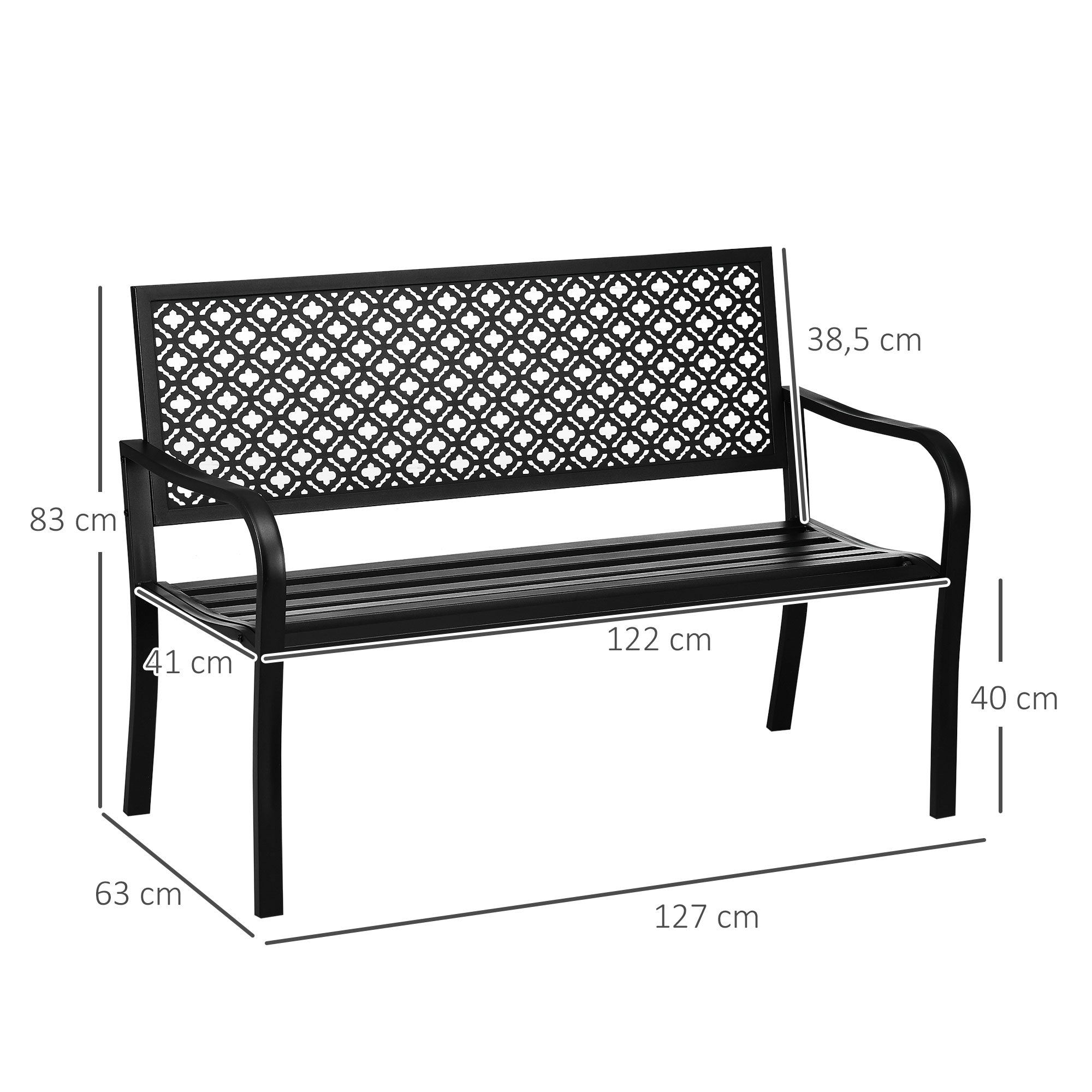 Steel Garden Bench, 2-Seater Park Bench with Backrest & Armrest, Bench with Flower Pattern, for Garden, Balcony, max. 240 kg, Black, 127 x 63 x 83 cm