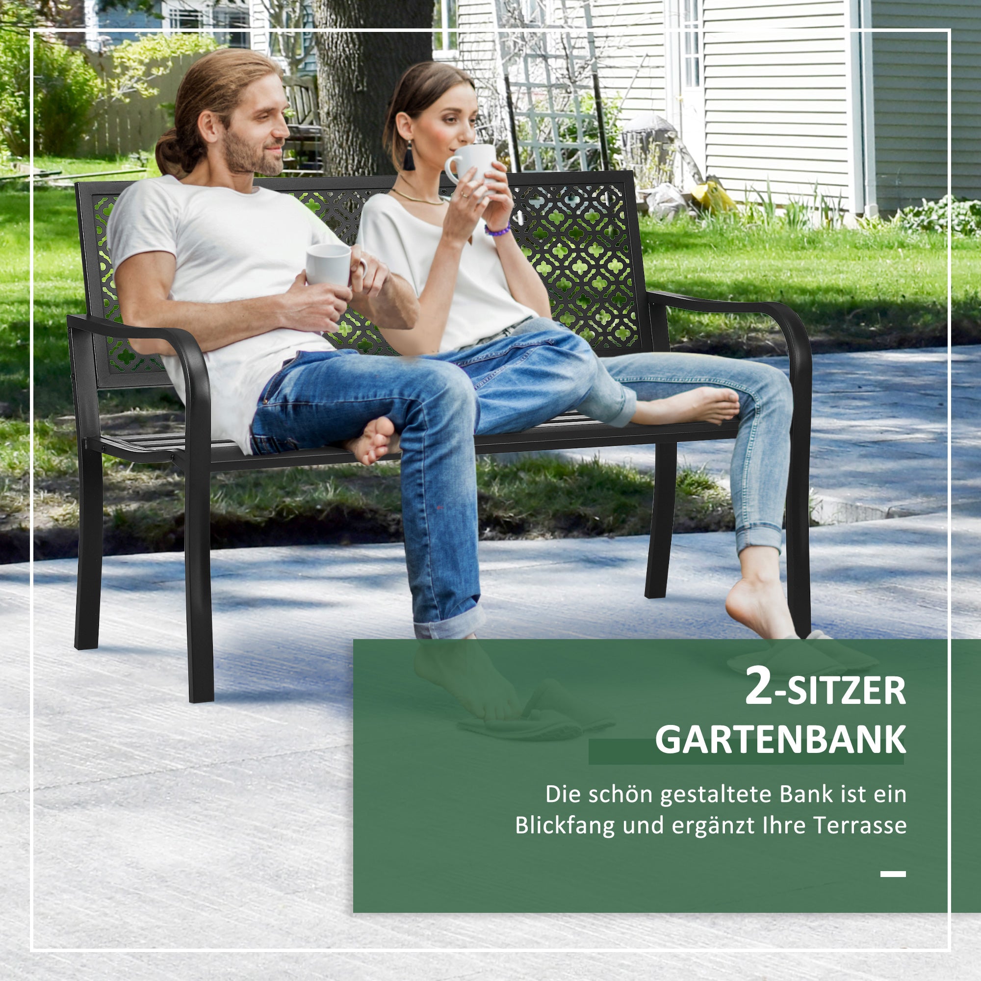 Steel Garden Bench, 2-Seater Park Bench with Backrest & Armrest, Bench with Flower Pattern, for Garden, Balcony, max. 240 kg, Black, 127 x 63 x 83 cm