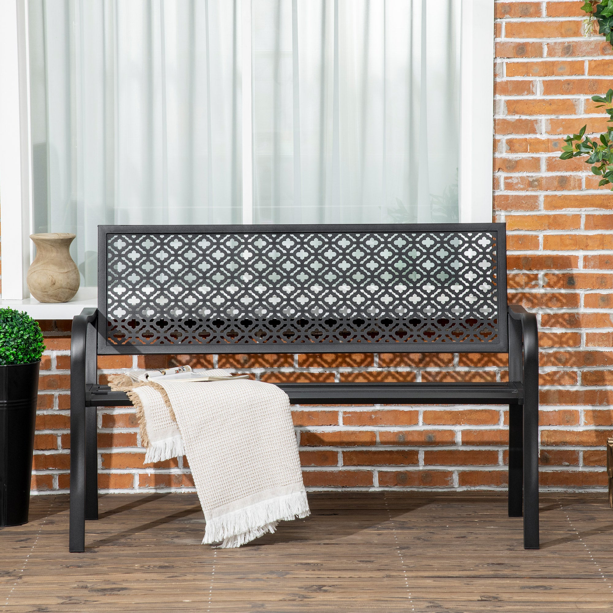 Steel Garden Bench, 2-Seater Park Bench with Backrest & Armrest, Bench with Flower Pattern, for Garden, Balcony, max. 240 kg, Black, 127 x 63 x 83 cm