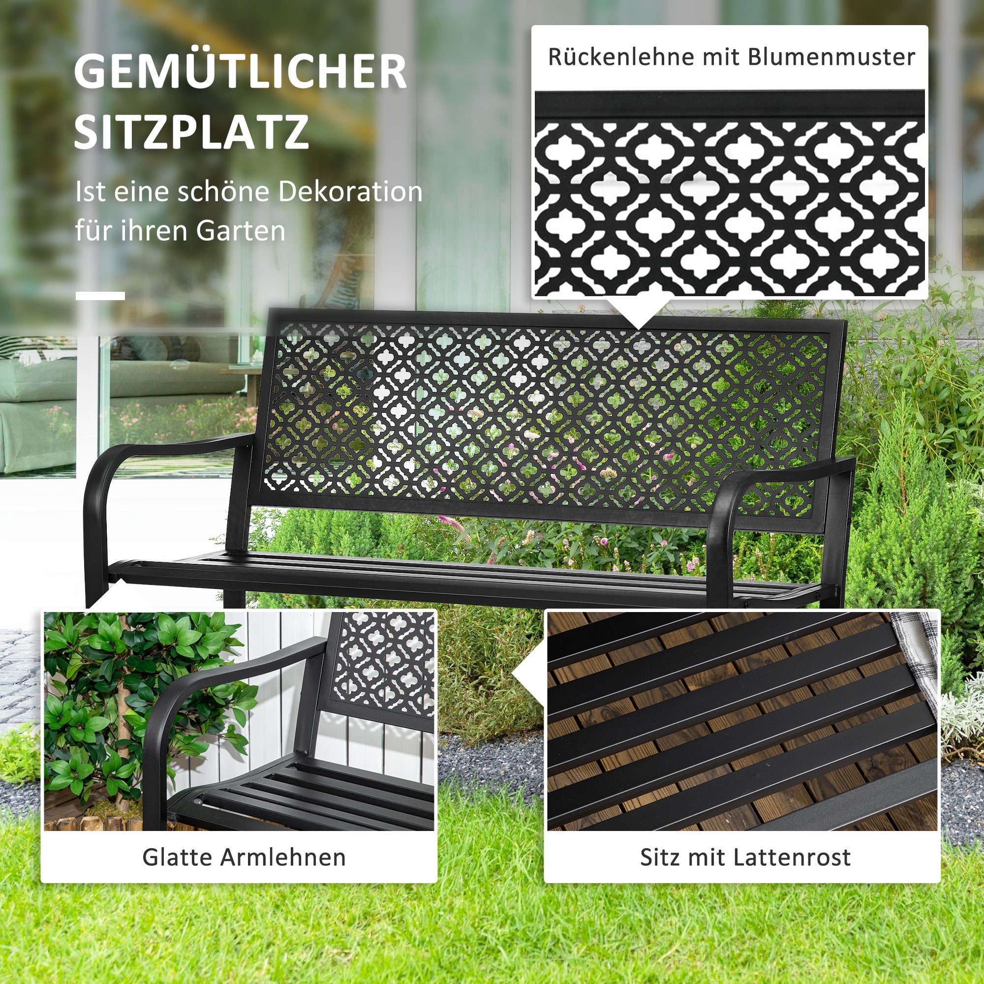 Steel Garden Bench, 2-Seater Park Bench with Backrest & Armrest, Bench with Flower Pattern, for Garden, Balcony, max. 240 kg, Black, 127 x 63 x 83 cm