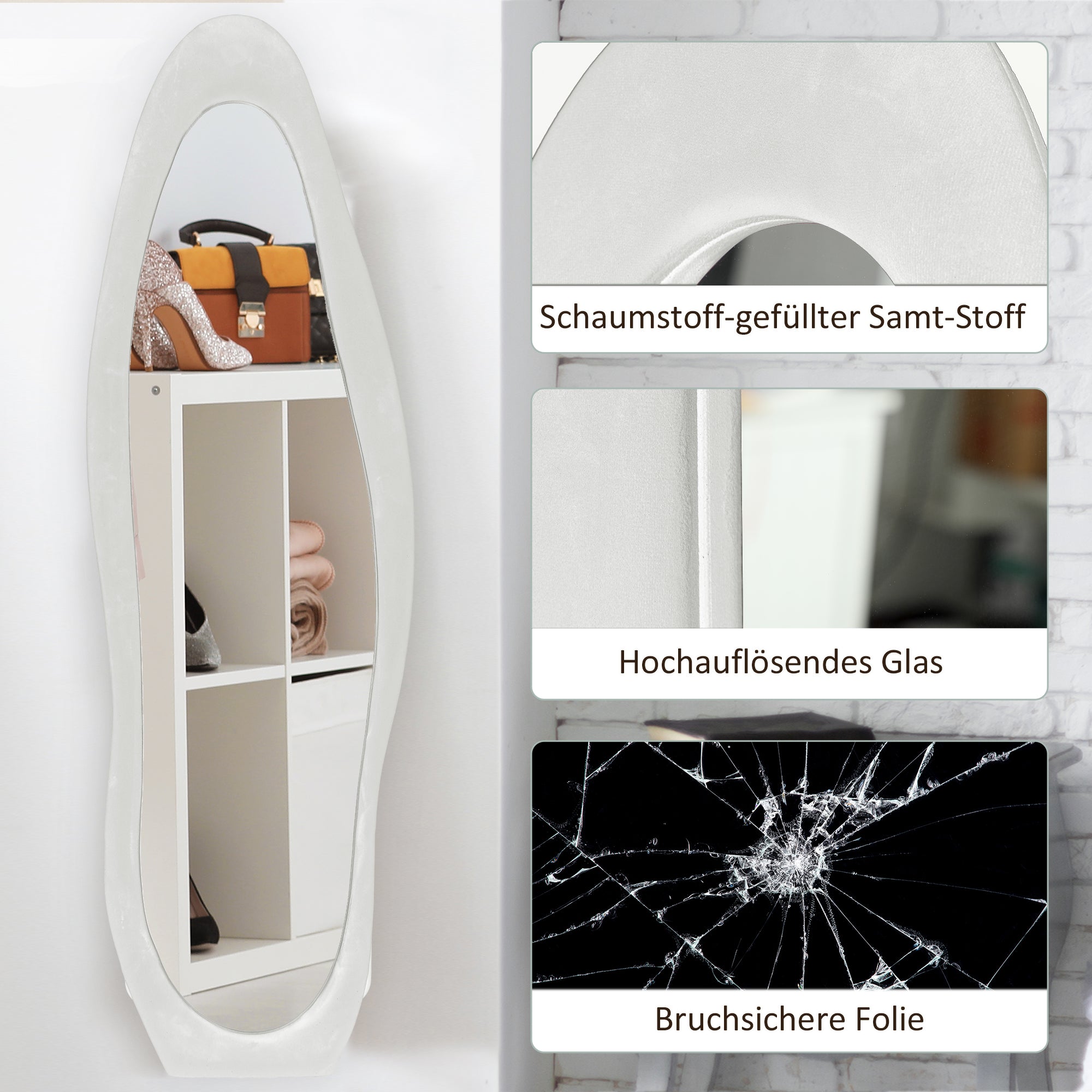 Full-Length Mirror, 160 x 50 cm Irregular Wavy Floor Mirror with Velvety Frame Cover, Large Wall Mirror, Dressing Mirror for Living Room, Bedroom, Wardrobe, Hallway, White