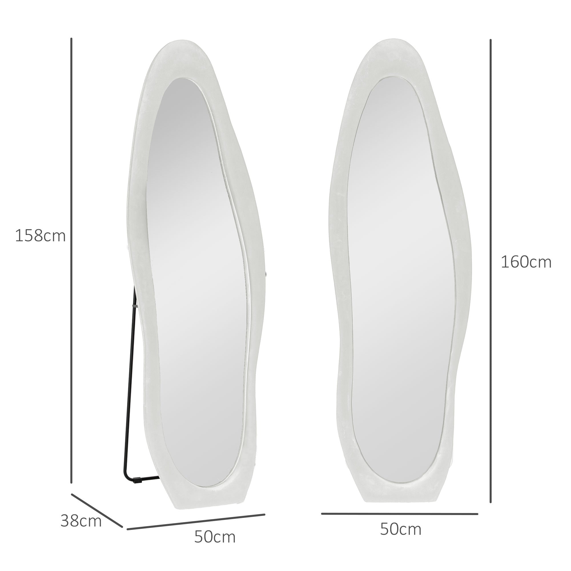 Full-Length Mirror, 160 x 50 cm Irregular Wavy Floor Mirror with Velvety Frame Cover, Large Wall Mirror, Dressing Mirror for Living Room, Bedroom, Wardrobe, Hallway, White
