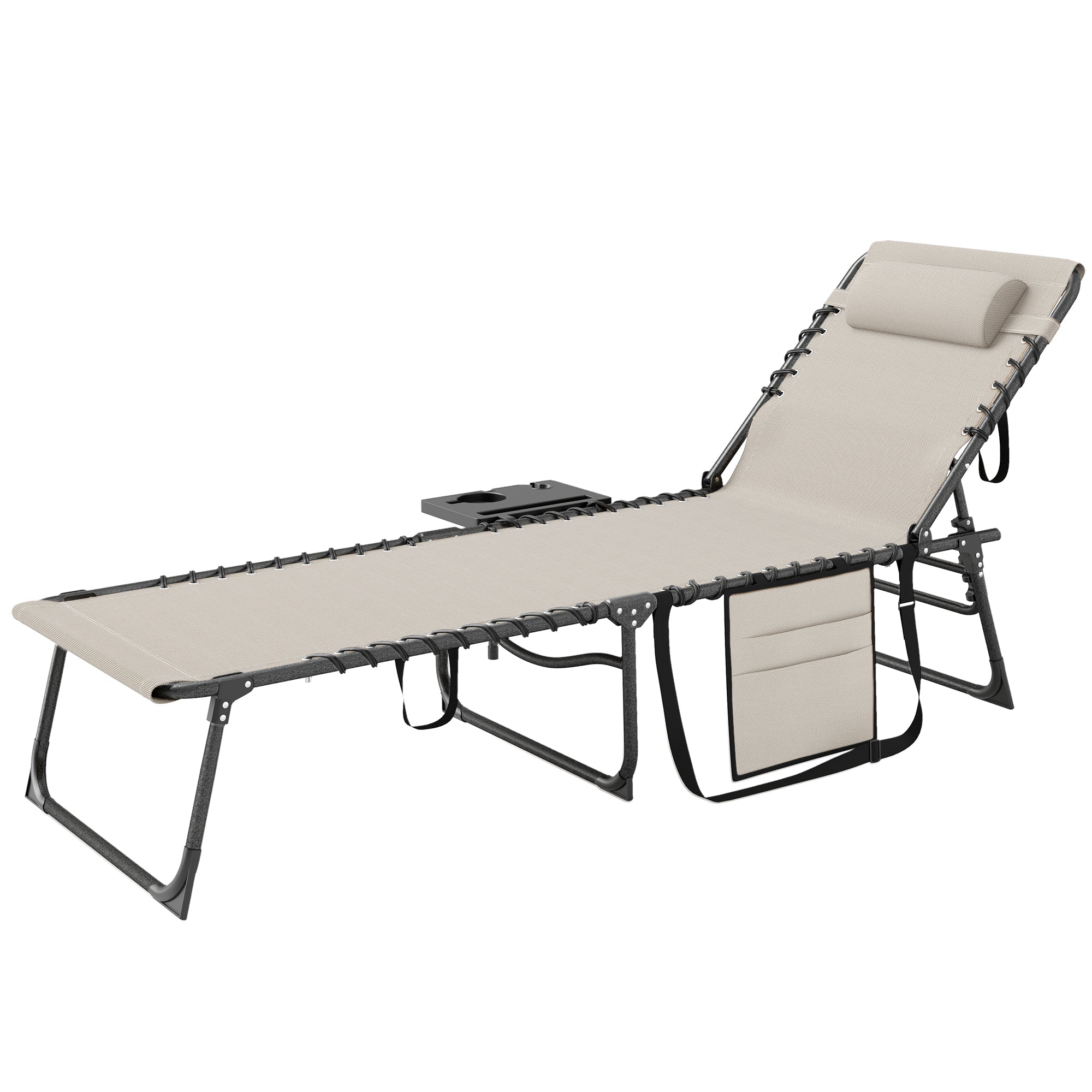 Foldable Sunlounger Outdoor Garden Lounger with Adjustable Backrest Headrest Side Pocket Tray Steel Frame 120 kg Load for Patio Pool Beach 190x60x31 cm Cream