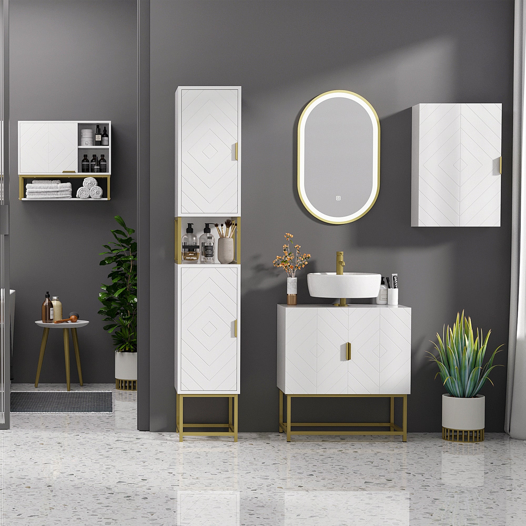 Under Sink Cabinet Bathroom Vanity Modern Cabinet with 2 Doors and Golden Steel Legs 60x30x65 cm White