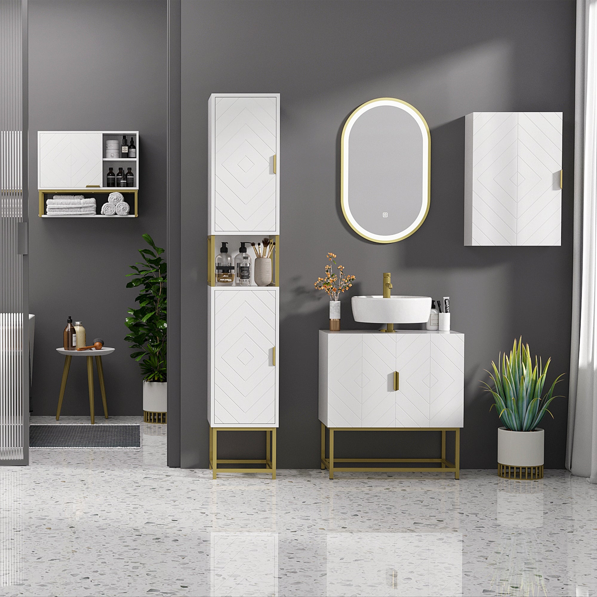 Under Sink Cabinet Bathroom Vanity Modern Cabinet with 2 Doors and Golden Steel Legs 60x30x65 cm White