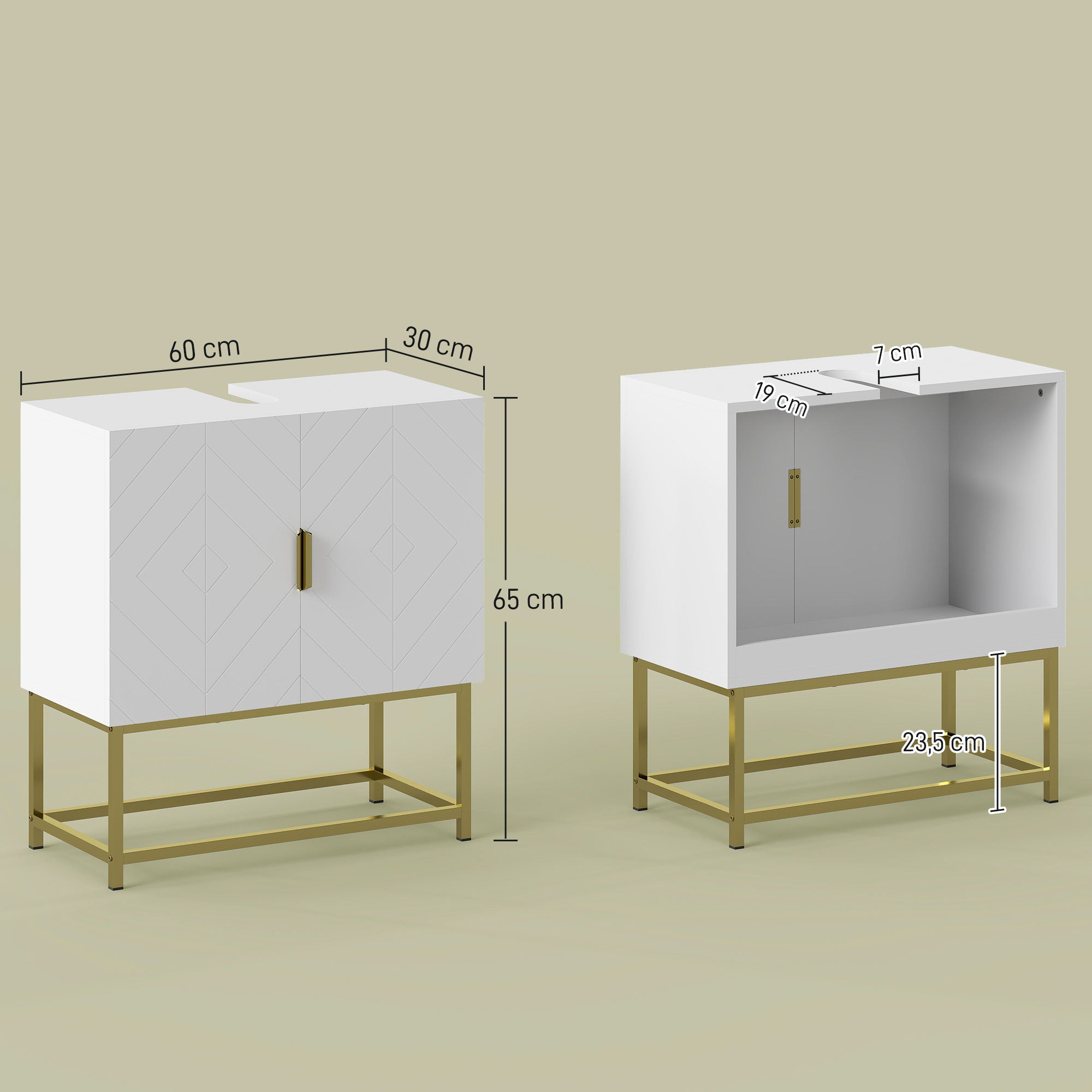 Under Sink Cabinet Bathroom Vanity Modern Cabinet with 2 Doors and Golden Steel Legs 60x30x65 cm White