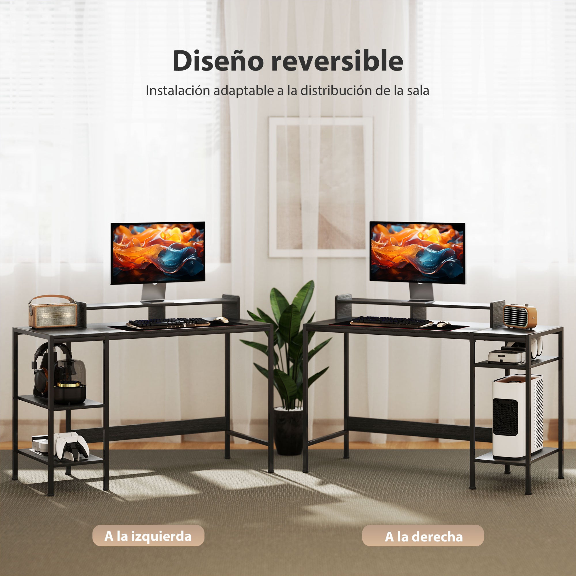 Modern Desk Writing Table with Side Shelves Adjustable Monitor Stand and Mobile Structure Computer Desk for Office Study 120x48x85.5 cm Charcoal Gray