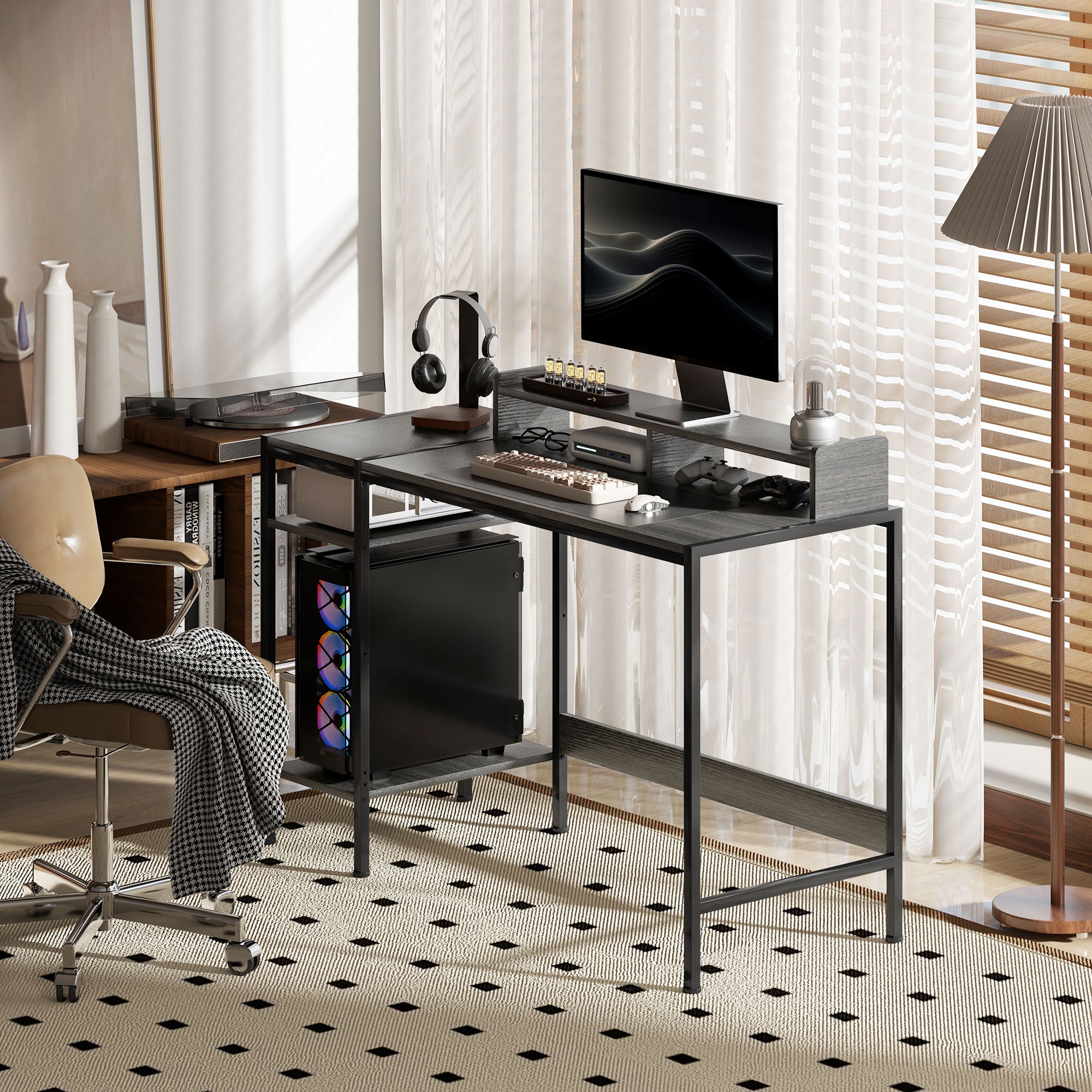 Modern Desk Writing Table with Side Shelves Adjustable Monitor Stand and Mobile Structure Computer Desk for Office Study 120x48x85.5 cm Charcoal Gray