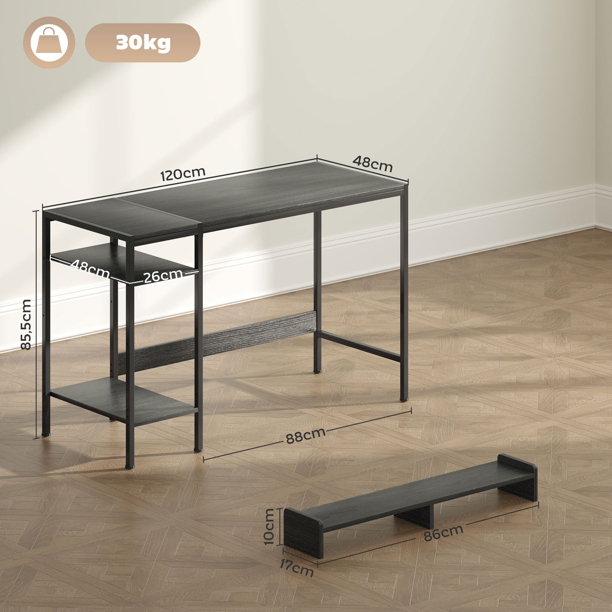 Modern Desk Writing Table with Side Shelves Adjustable Monitor Stand and Mobile Structure Computer Desk for Office Study 120x48x85.5 cm Charcoal Gray