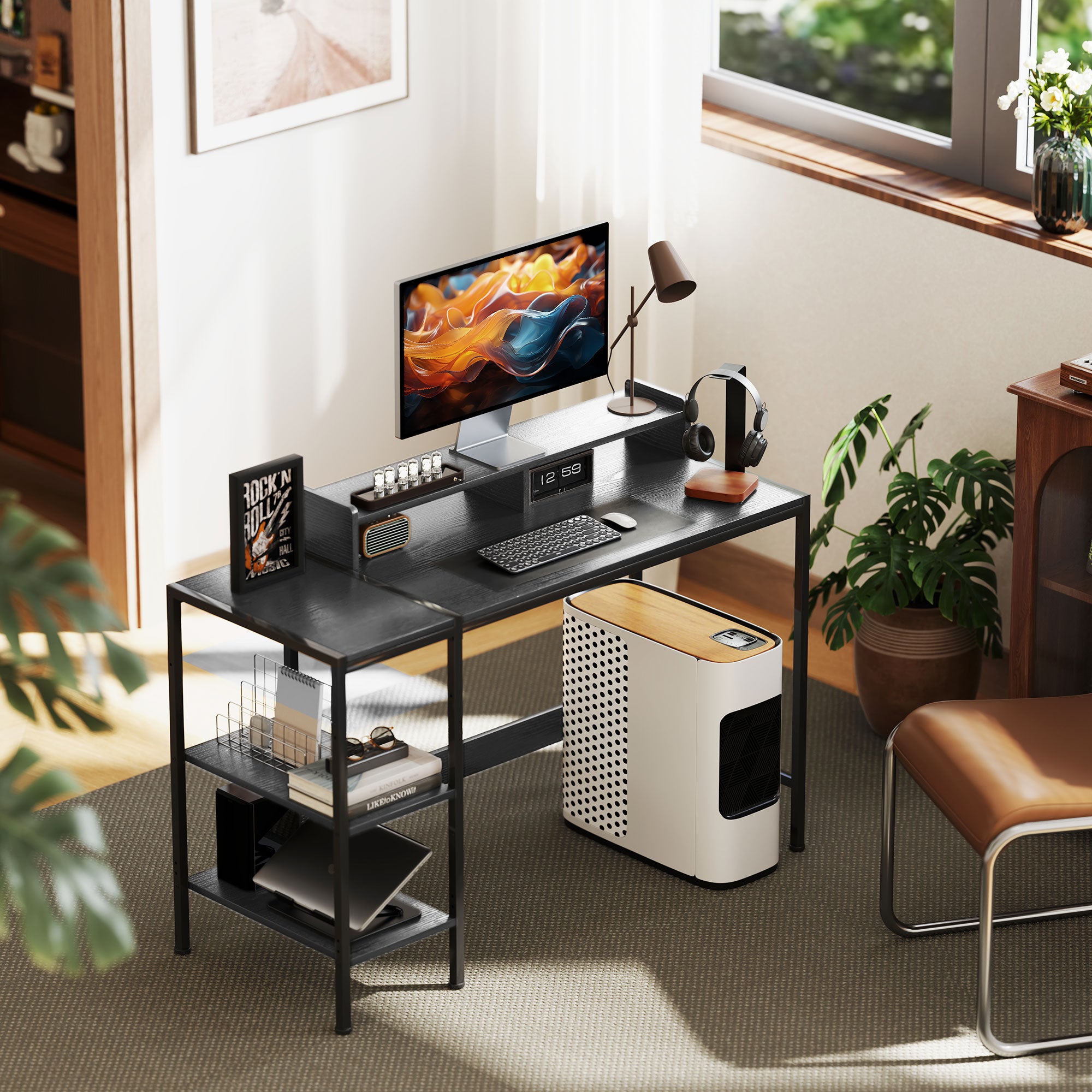 Modern Desk Writing Table with Side Shelves Adjustable Monitor Stand and Mobile Structure Computer Desk for Office Study 120x48x85.5 cm Charcoal Gray