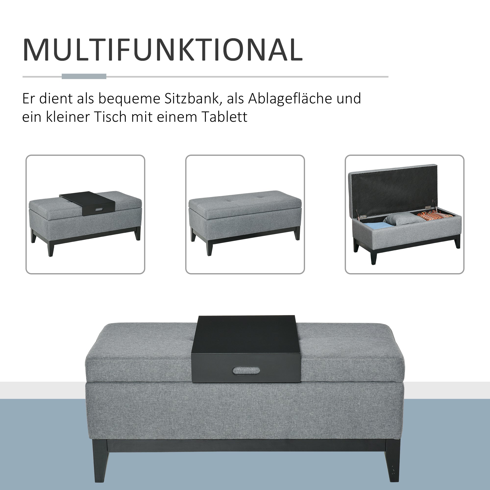 Storage Bench with Removable Tray Upholstered Ottoman with Linen Look, Storage Chest with Wooden Legs, Bedroom Bench for Living Room Bedroom Entryway 107 x 50 x 44 cm, Dark Gray