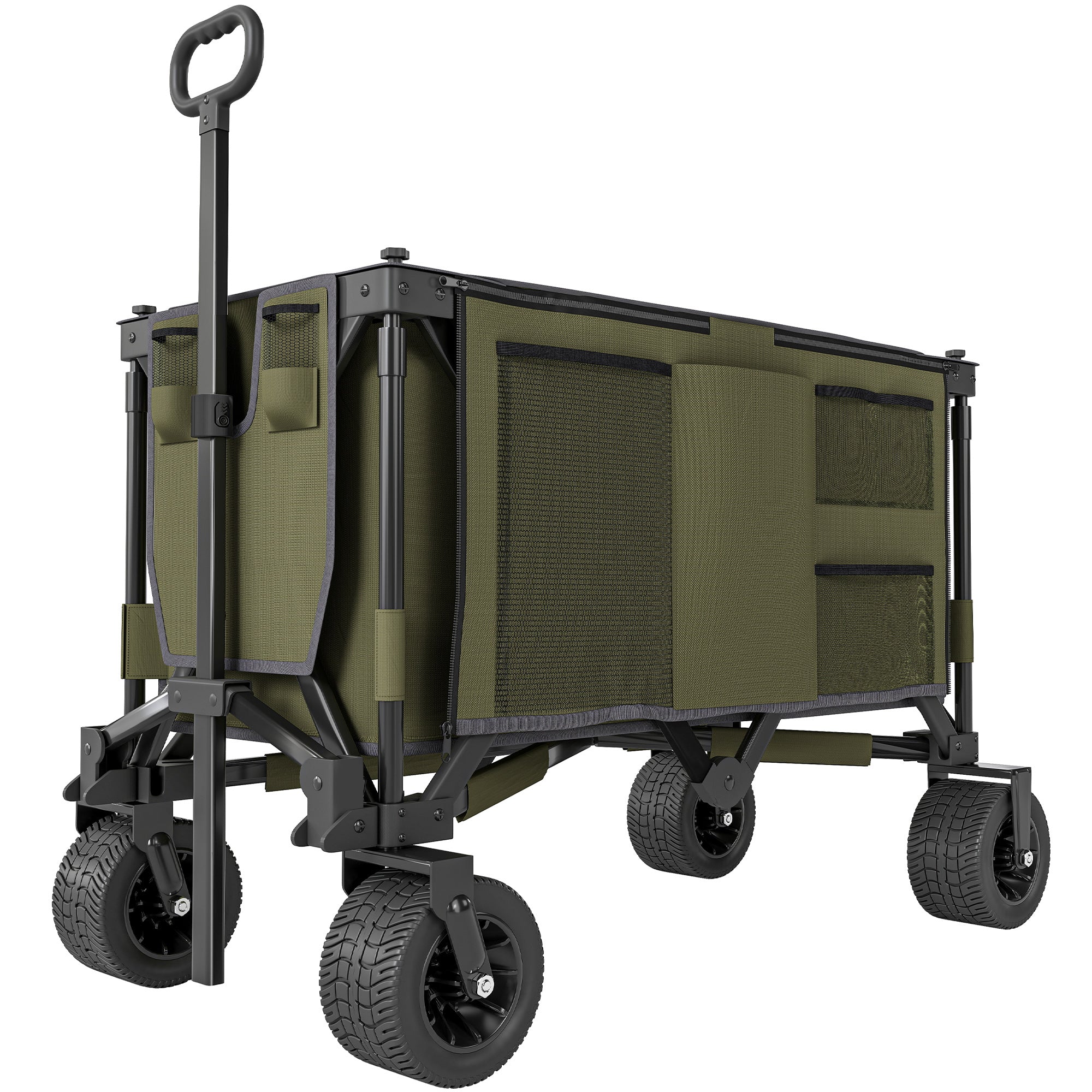 Folding Cart, Transport Wagon with Adjustable Handle, Beach Wagon with Pockets, Garden Cart with Wide Swivel Wheels, Supports up to 120 kg, Green