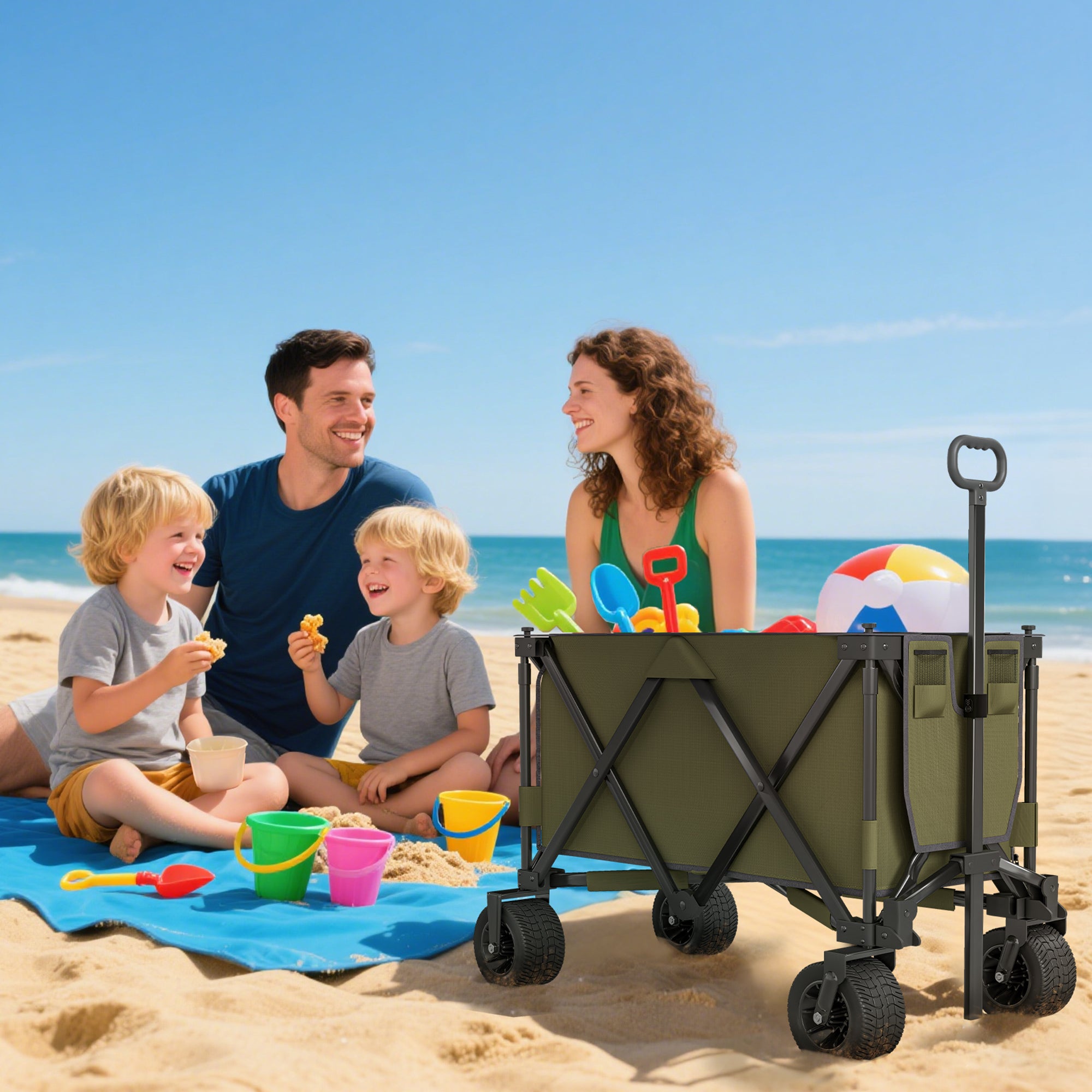 Folding Cart, Transport Wagon with Adjustable Handle, Beach Wagon with Pockets, Garden Cart with Wide Swivel Wheels, Supports up to 120 kg, Green