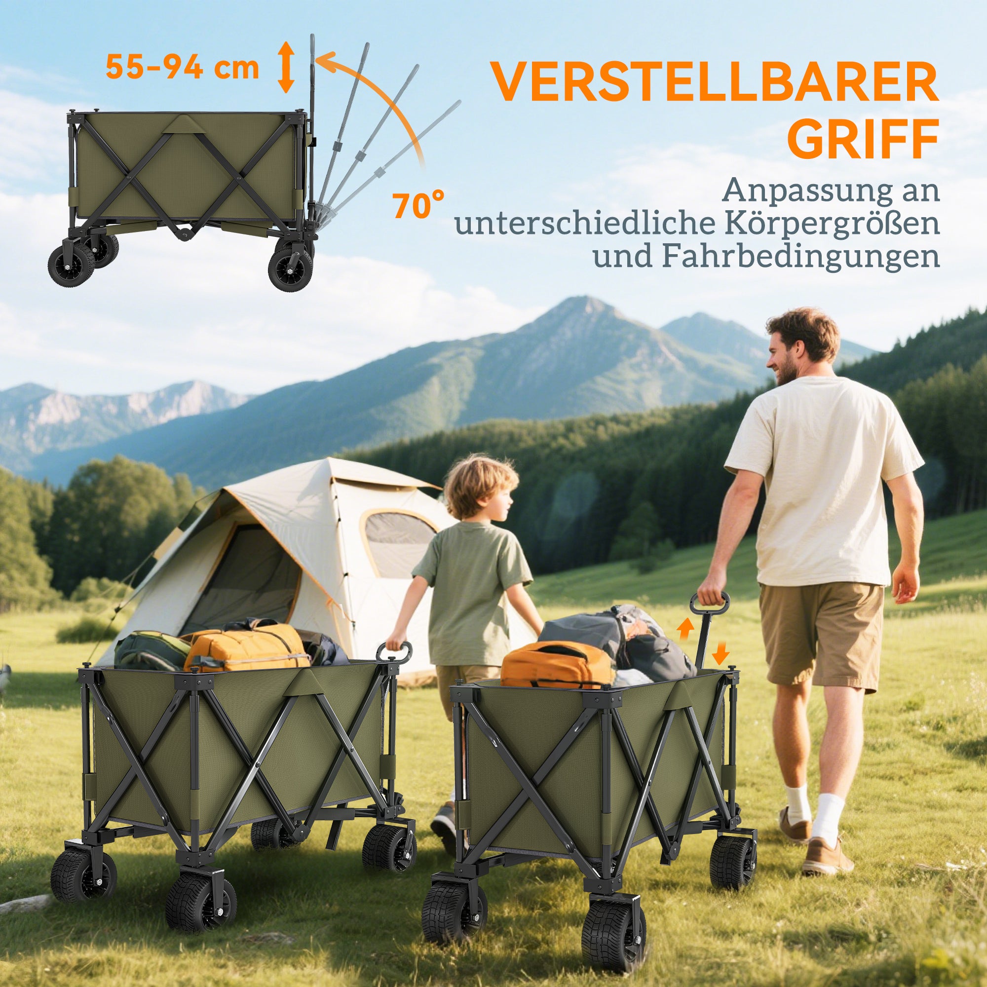 Folding Cart, Transport Wagon with Adjustable Handle, Beach Wagon with Pockets, Garden Cart with Wide Swivel Wheels, Supports up to 120 kg, Green