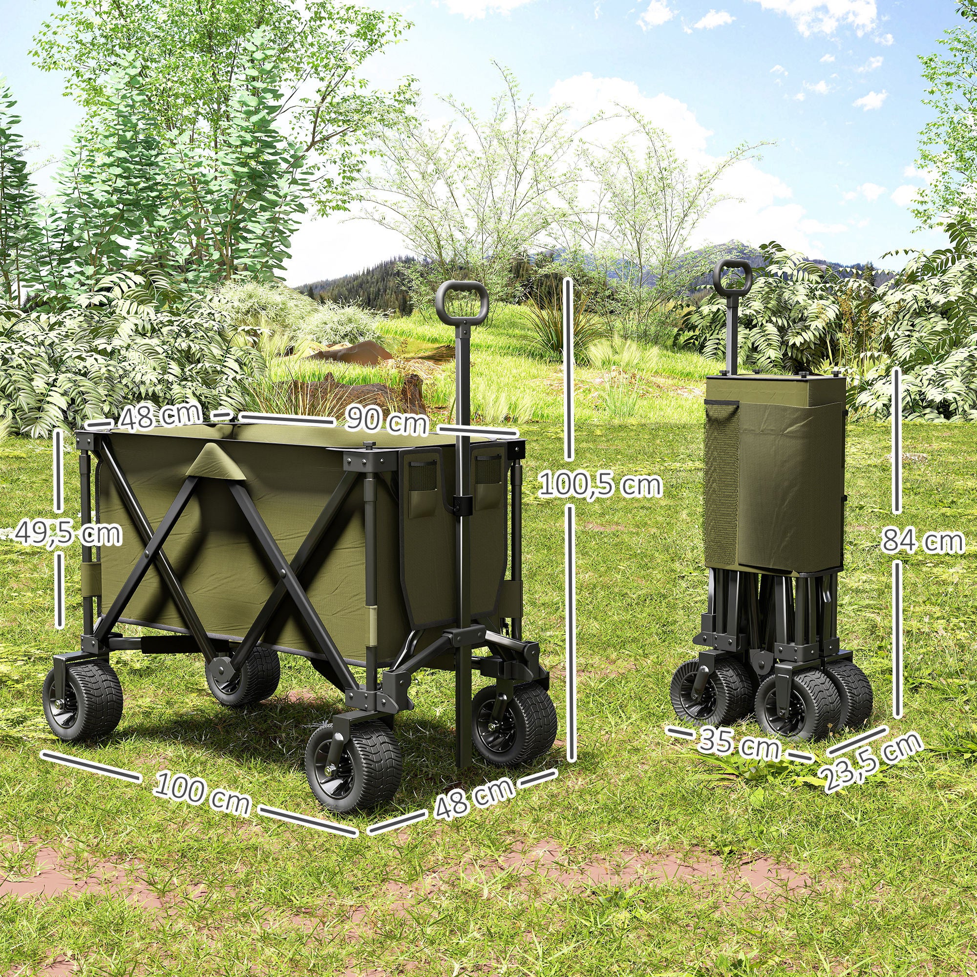 Folding Cart, Transport Wagon with Adjustable Handle, Beach Wagon with Pockets, Garden Cart with Wide Swivel Wheels, Supports up to 120 kg, Green