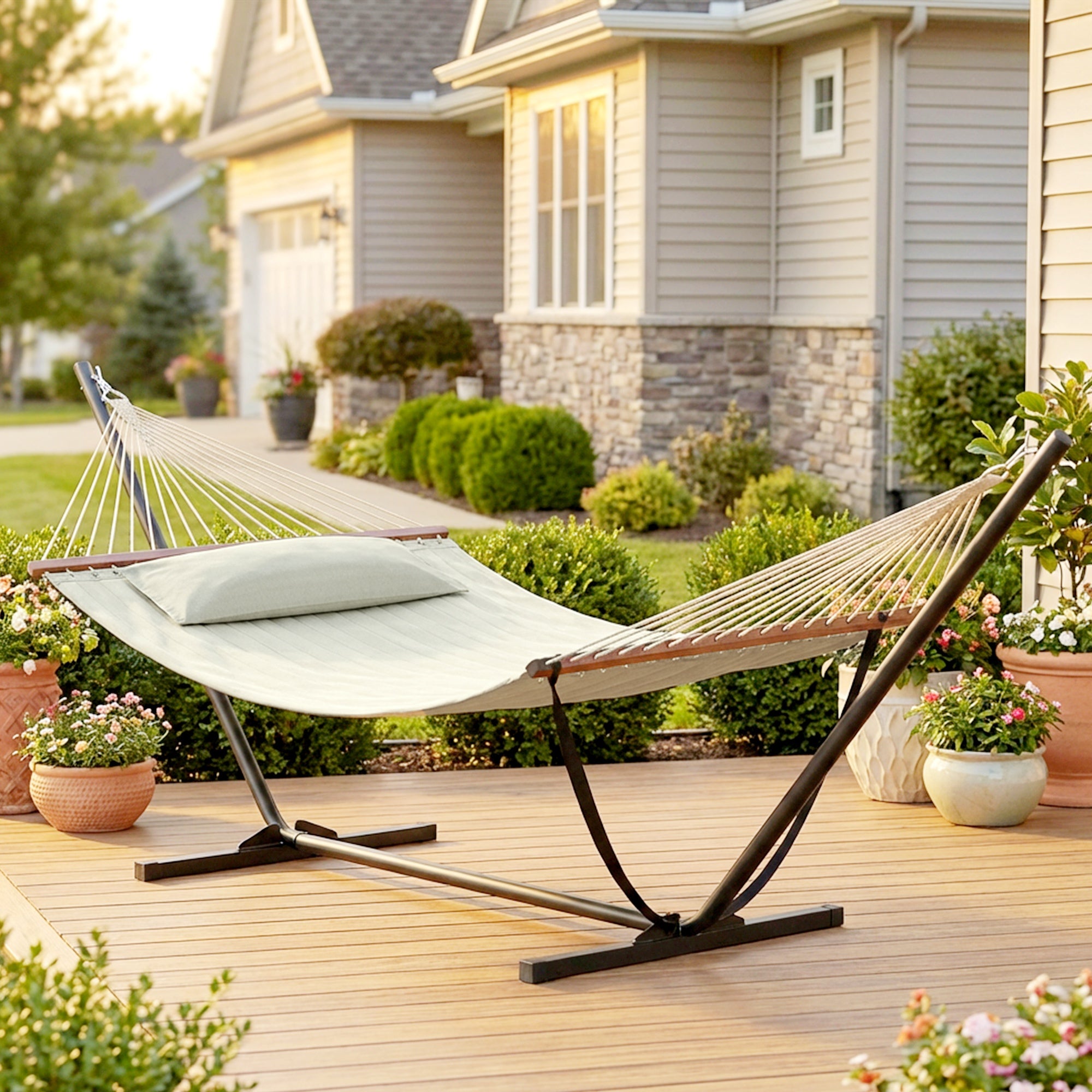 Freestanding Hammock with Pillow and Steel Stand, Spread Bars — Cream