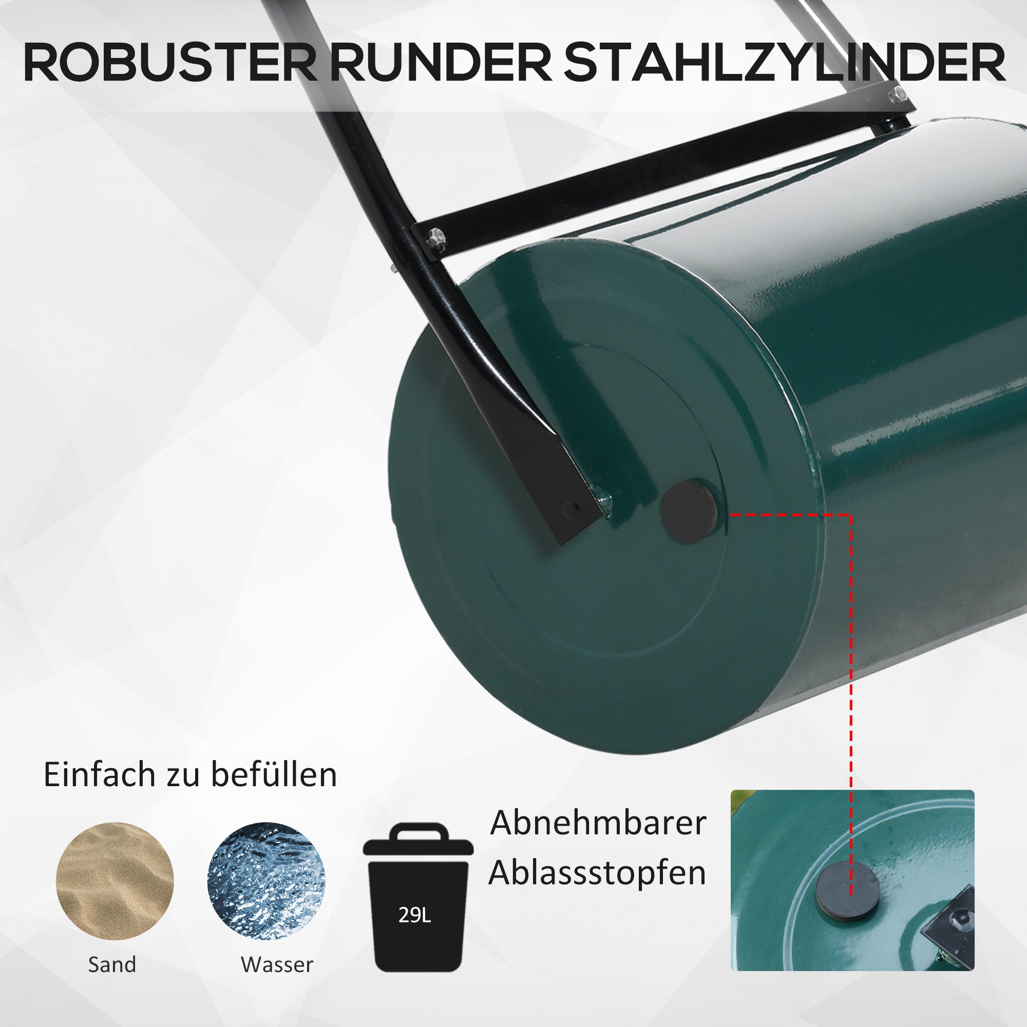Lawn Roller Garden Roller with U-Handle 31 cm Diameter 30 cm Working Width 40 L Water/Sand Capability Metal Green