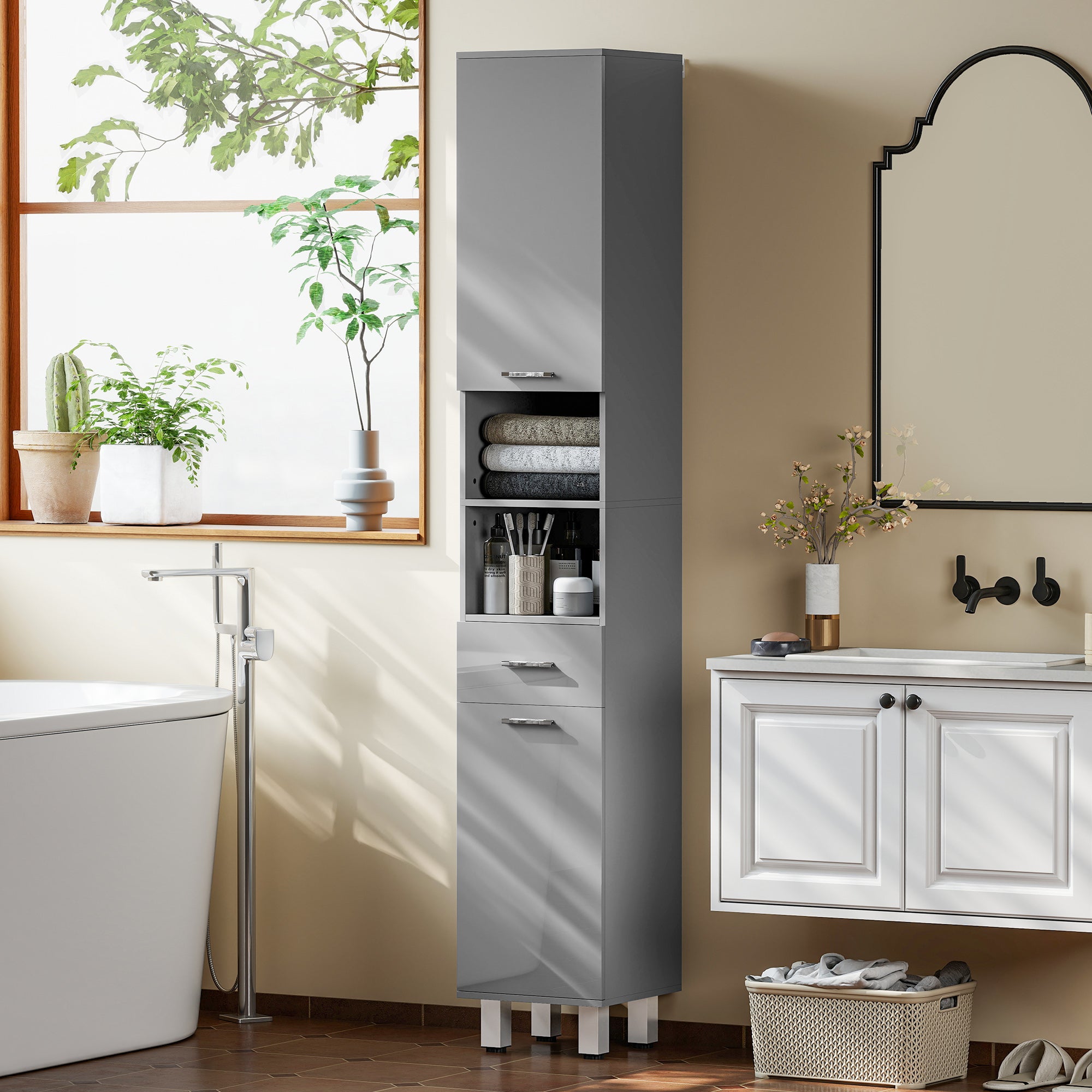 Slim Tall Bathroom Cabinet, High-Gloss Gray Drawer, Adjustable Shelves & 2 Open Compartments — 30 x 30 x 180 cm (11.8 x 11.8 x 70.9 in)