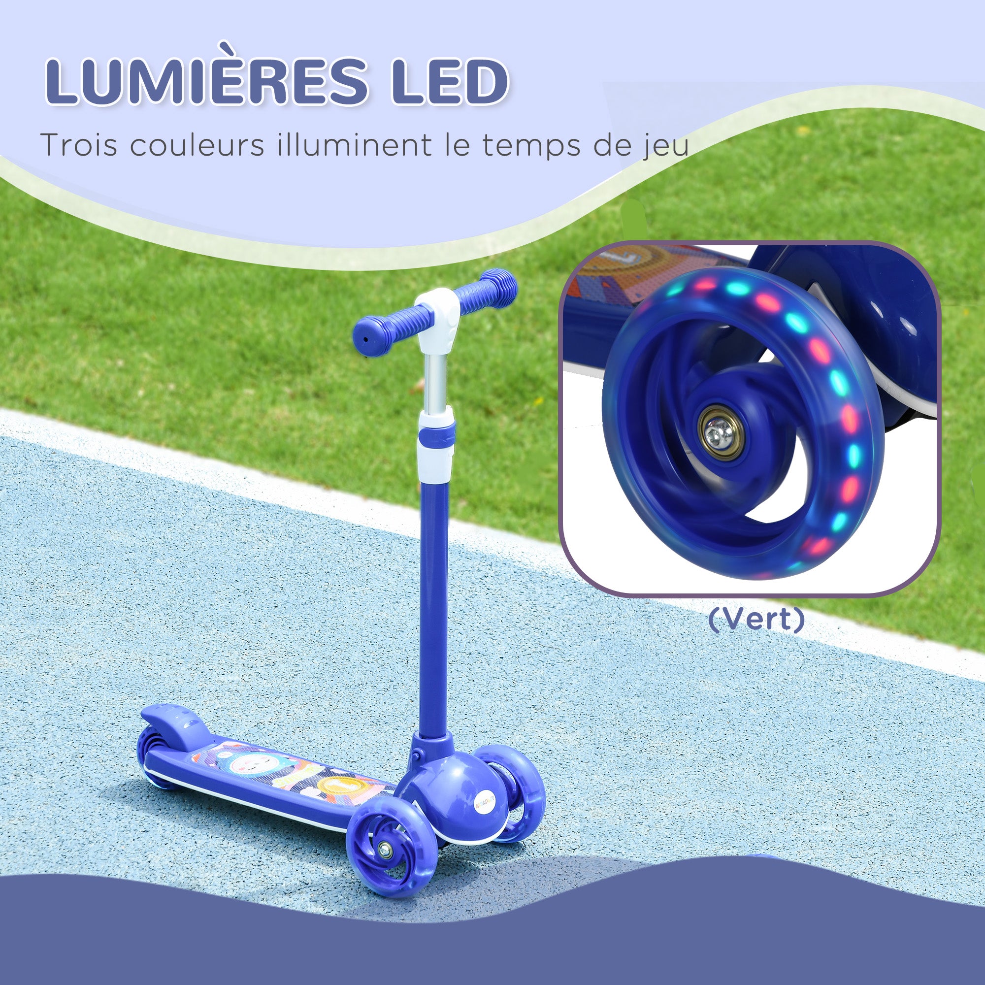 Kids Scooter - 3-Wheel Scooter with Bright LED Wheels - Adjustable TPE Handlebars - Rear Friction Brake - Steel PP for Children aged 2 to 6 years Blue