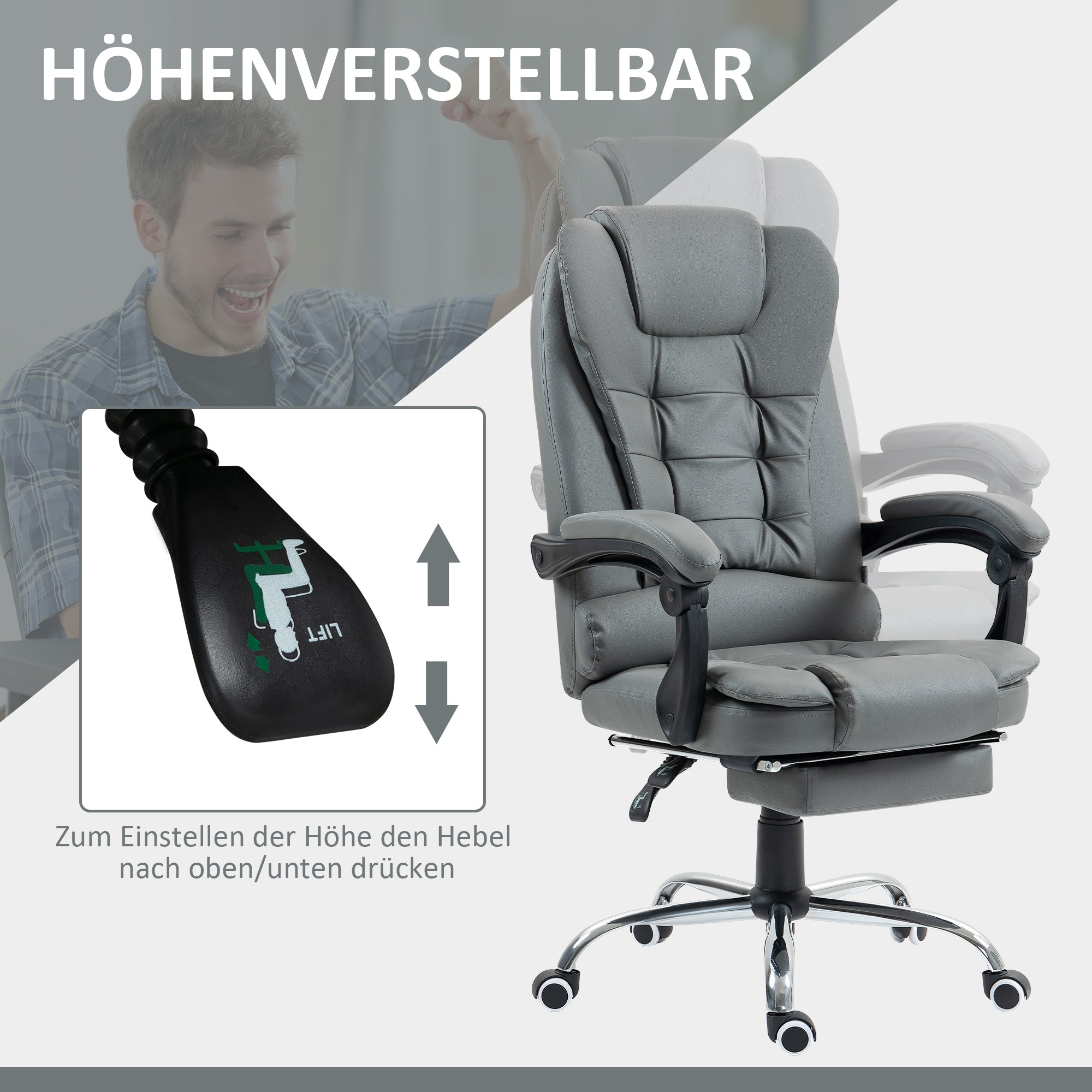 Executive Office Chair with Footrest, Desk Chair with Tilt Function, Height Adjustable Computer Chair with Armrest, Swivel Chair for Office, Faux Leather, Gray