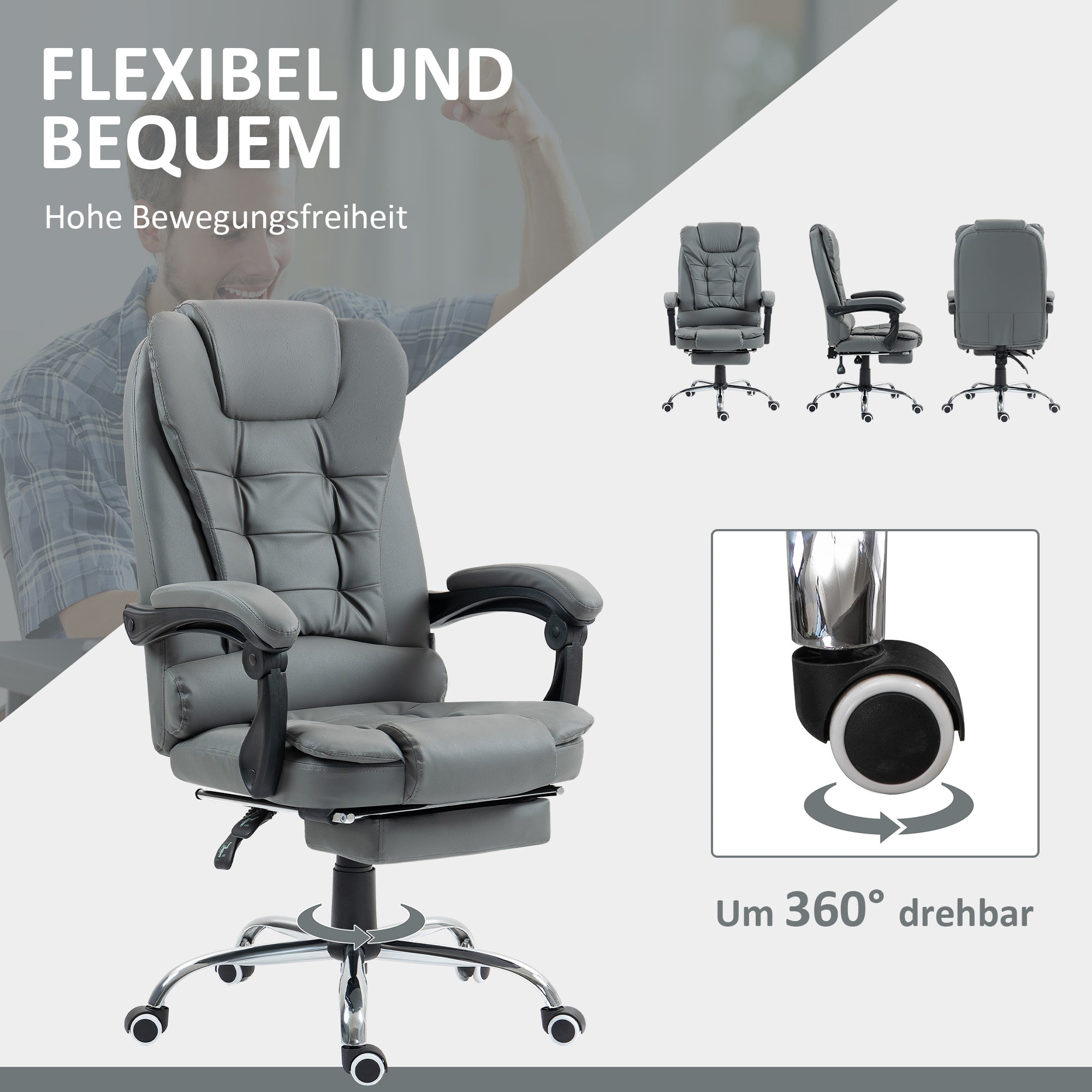 Executive Office Chair with Footrest, Desk Chair with Tilt Function, Height Adjustable Computer Chair with Armrest, Swivel Chair for Office, Faux Leather, Gray