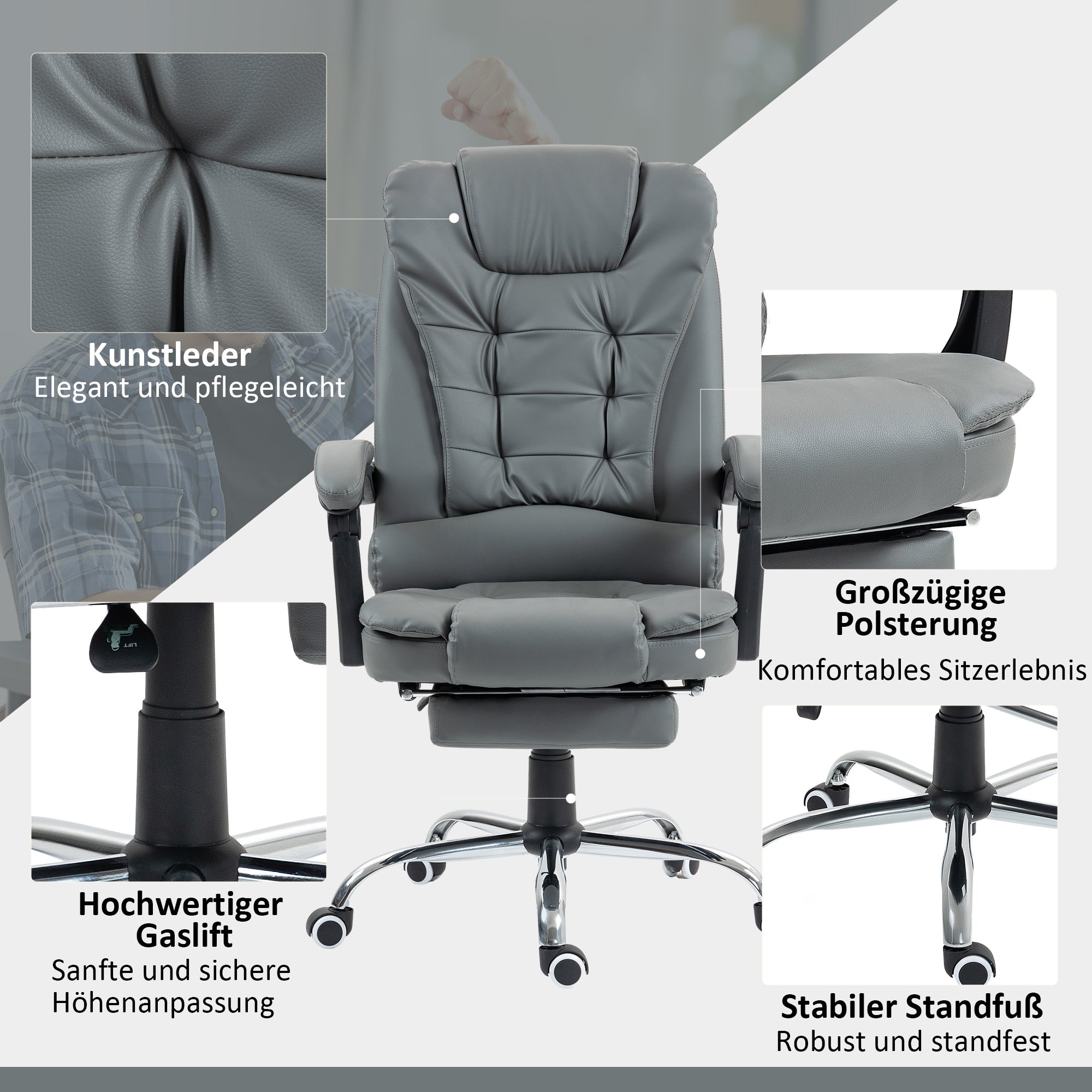 Executive Office Chair with Footrest, Desk Chair with Tilt Function, Height Adjustable Computer Chair with Armrest, Swivel Chair for Office, Faux Leather, Gray