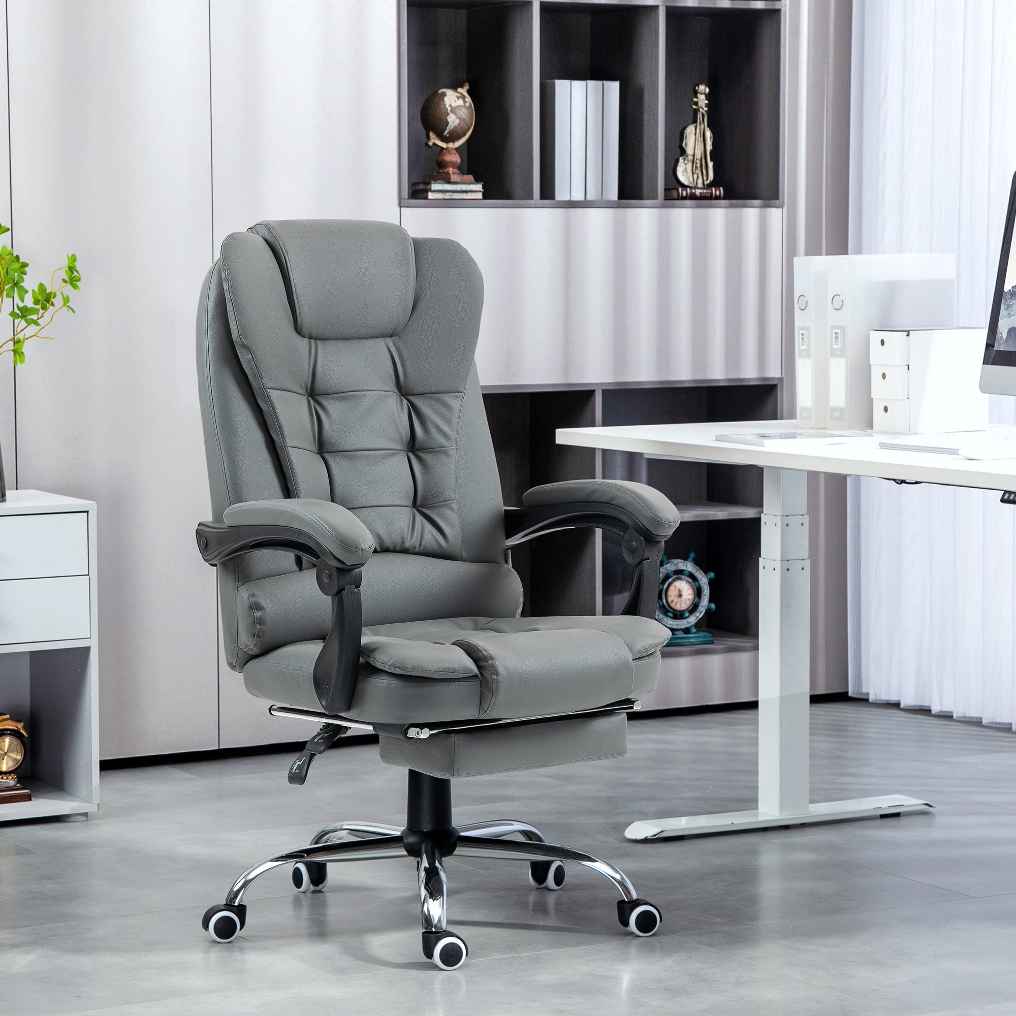 Executive Office Chair with Footrest, Desk Chair with Tilt Function, Height Adjustable Computer Chair with Armrest, Swivel Chair for Office, Faux Leather, Gray