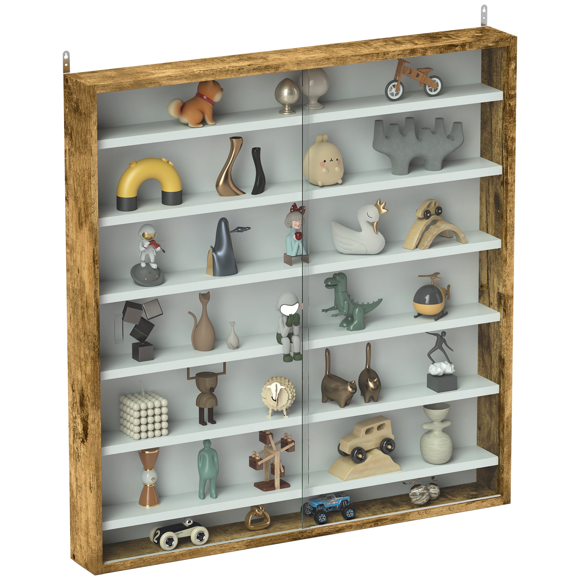 Wall Display Cabinet for Collectibles, 31.5" x 3.7" x 32.7" with 6 Adjustable Shelves and 2 Sliding Glass Doors, Rustic Brown