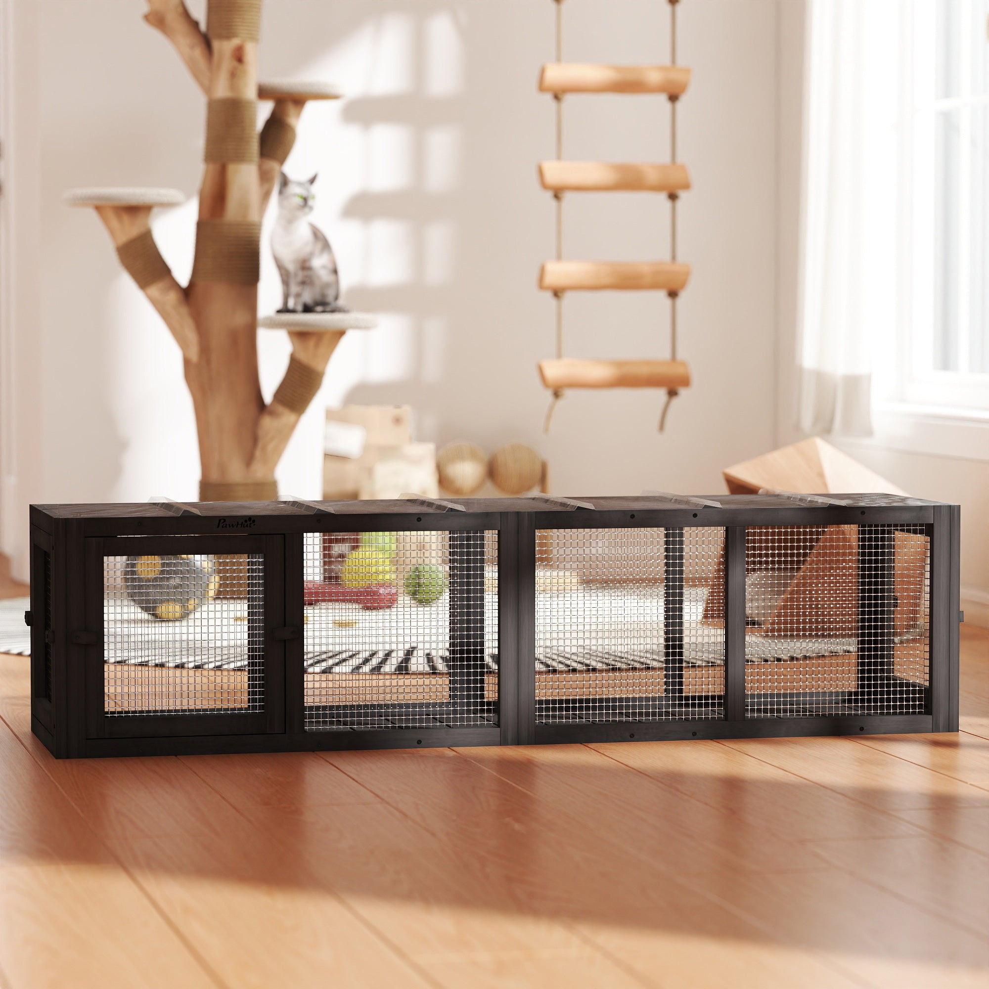 Wooden Cat Tunnel with 3 Doors — Extendable, Weather-Resistant Play Tunnel for Cats up to 22 lb (59.6 x 15.2 in), Gray