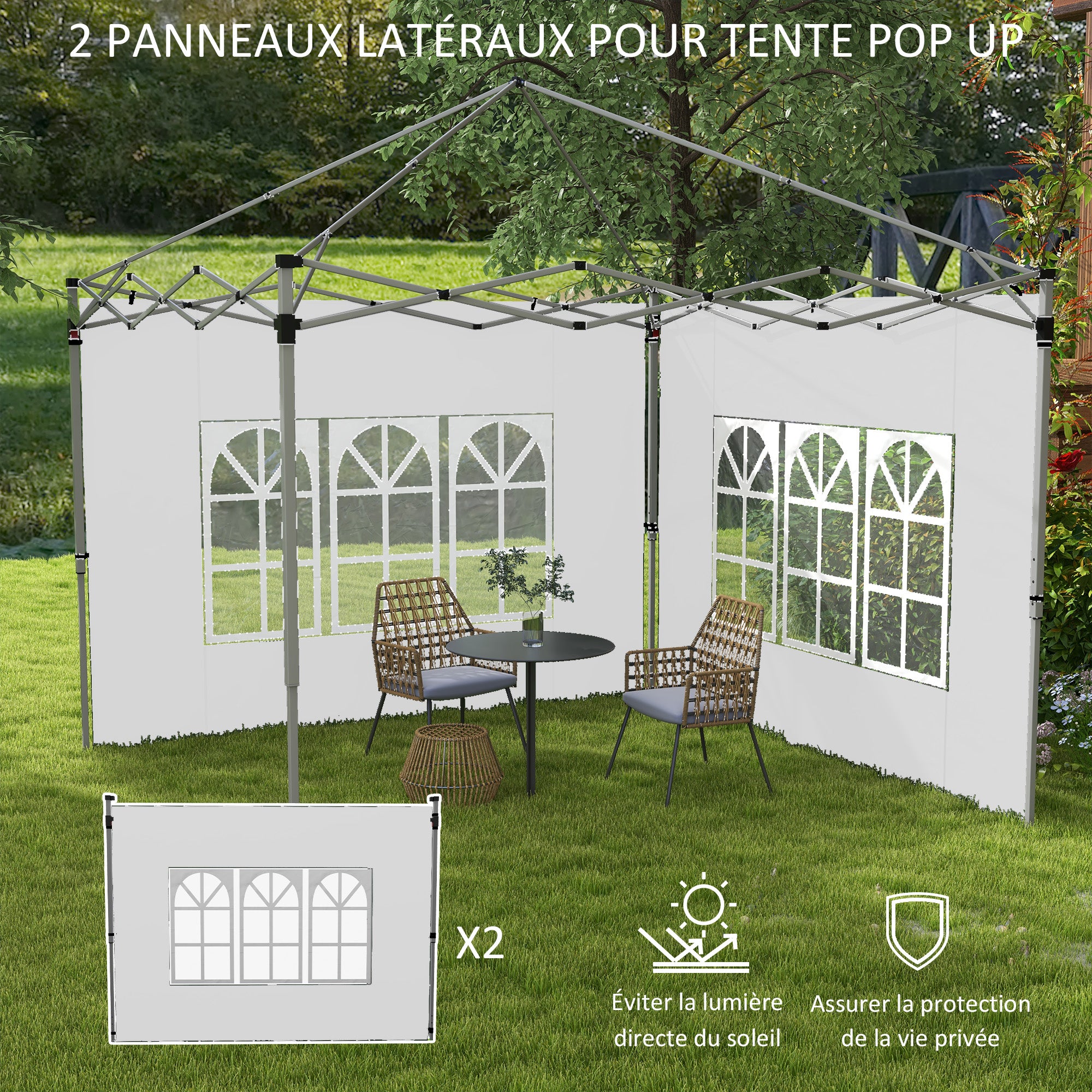 Set of 2 side walls for 3 x 3m or 3 x 4m gazebo, panel for pavilion, with window, made of oxford fabric, 295 x 195 cm, white