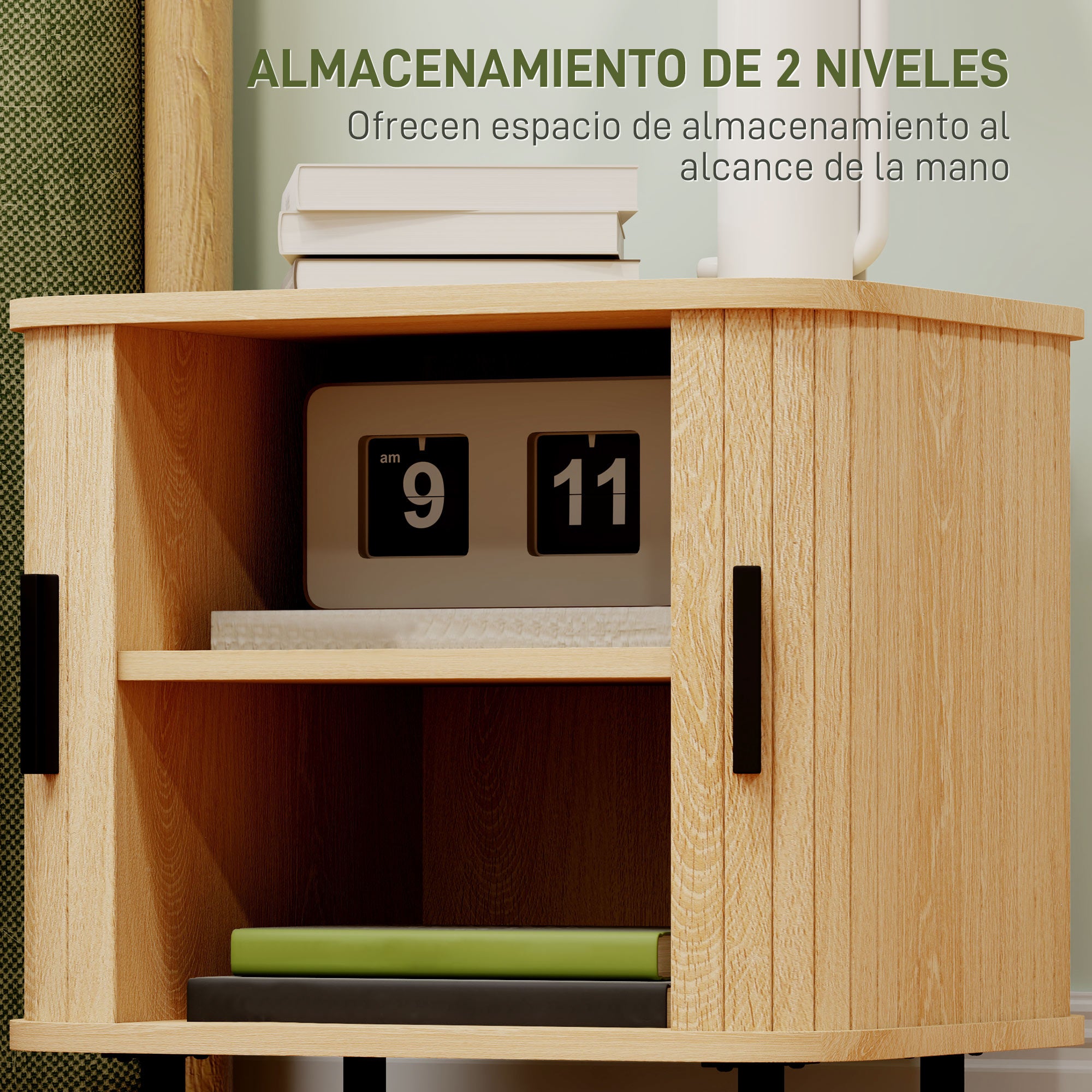 Bedside Table Nightstand with Sliding Doors 2 Shelves and Steel Legs Scandinavian Style for Living Room 48x40x48 cm Oak