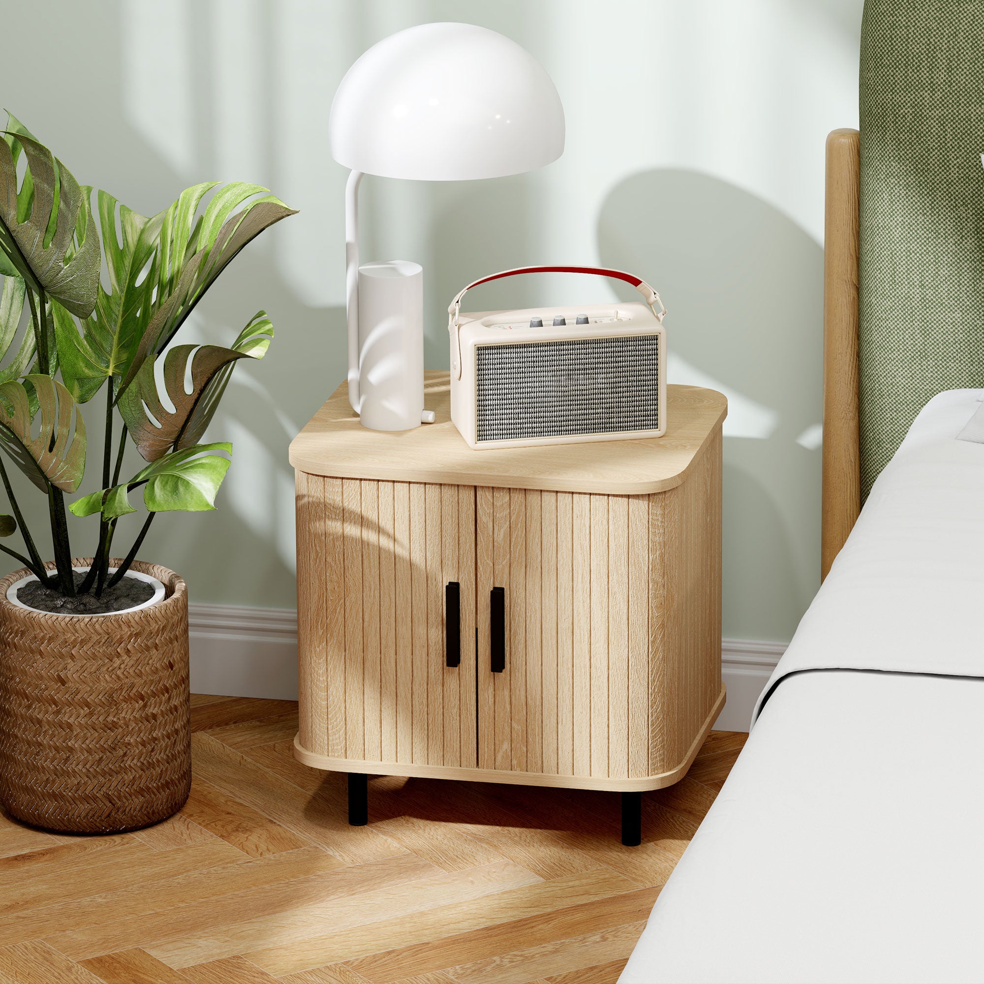 Bedside Table Nightstand with Sliding Doors 2 Shelves and Steel Legs Scandinavian Style for Living Room 48x40x48 cm Oak