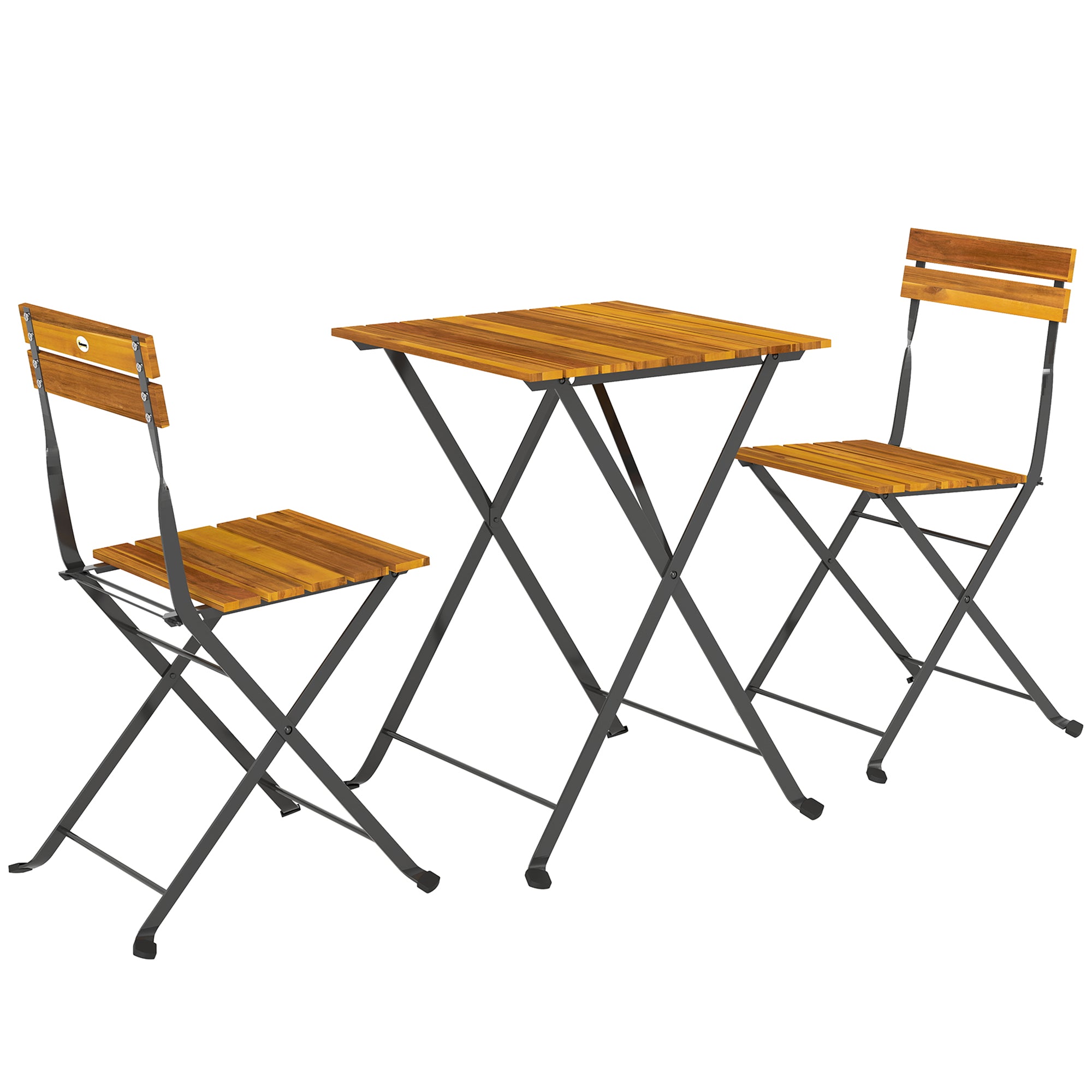 3-Piece Teak Bistro Set for 2 – Folding Table + 2 Folding Chairs, Steel-Frame Patio/Balcony Dining Set