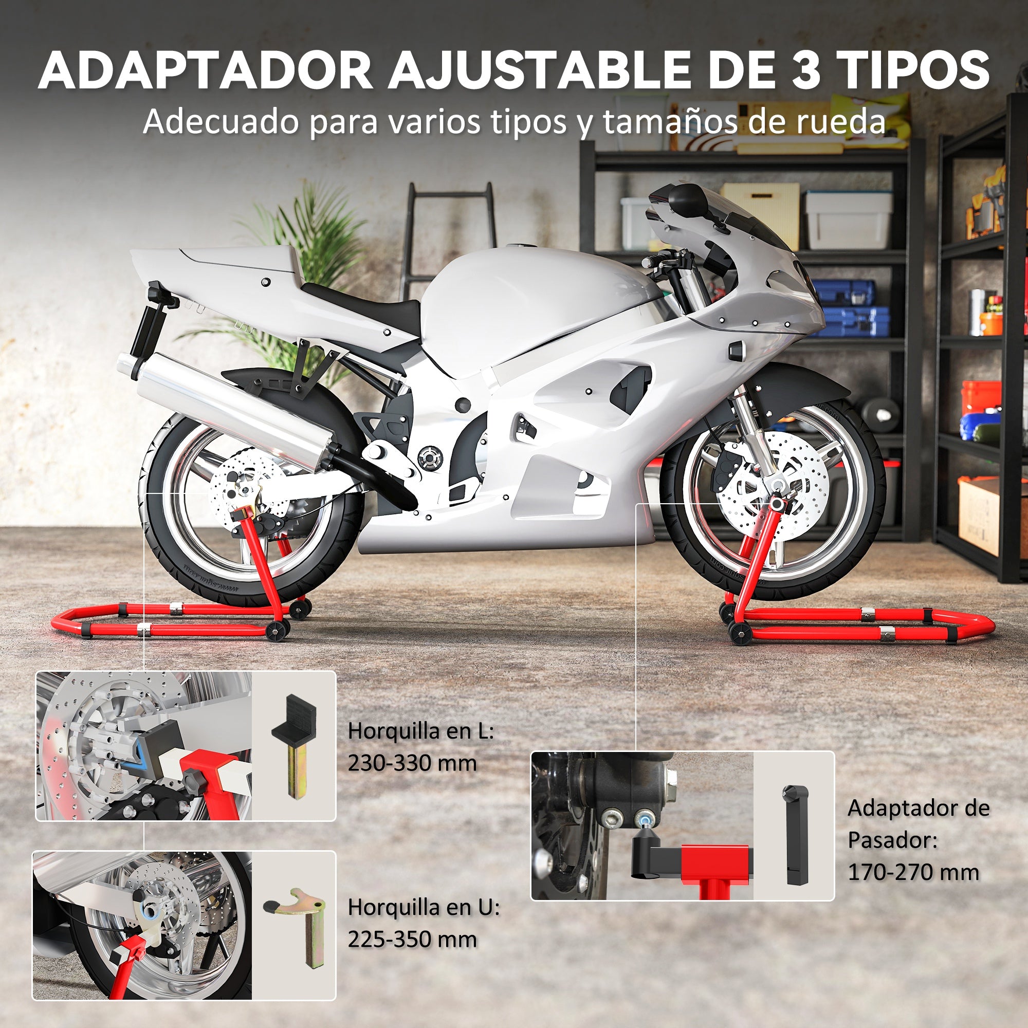 Universal Motorcycle Lift Stand 390 kg Load Front and Rear Wheel Support Convertible with Adjustable U and L Fork Adapters and Wheels for Repair Maintenance