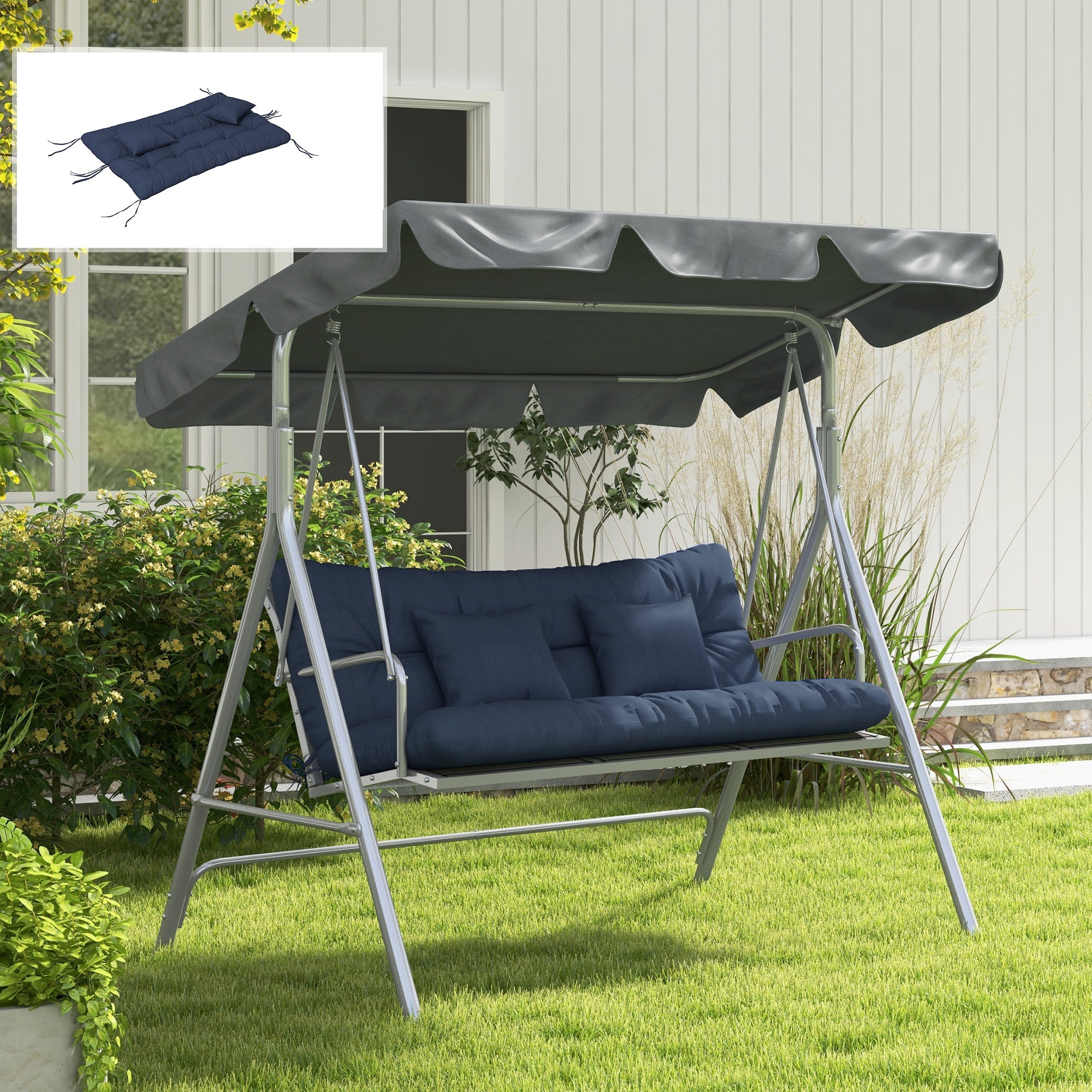 4-Piece Tufted Bench Cushion Set, 59 x 19.7 in, Water-Resistant with Ties, 4 in Thick Seat & Back Pads for Patio/Garden/Bench, Navy Blue