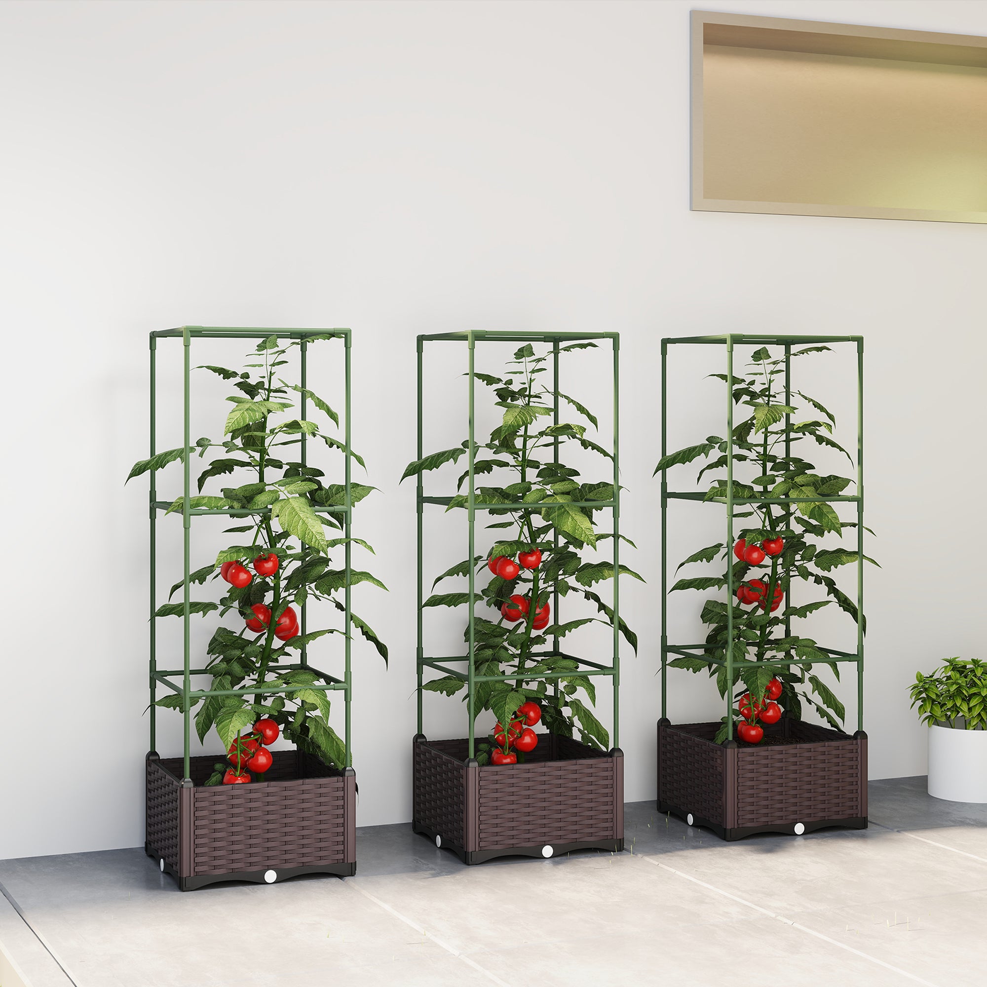 Raised Bed with Trellis — 3-Piece Planter Set for Flowers, Climbing Plants & Vegetables, Drainage Holes, Green/Dark Brown, 40 x 40 x 125 cm (15.7 x 15.7 x 49.2 in)