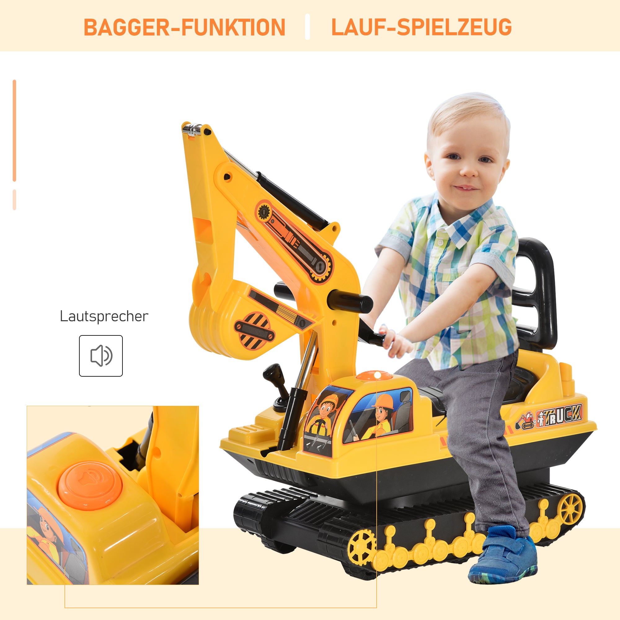 Ride-On Excavator with Shovel Horn, Kids Excavator with Storage Space Under Seat, Ride-On Excavator Vehicle for Sitting up to 30kg, Sand Excavator for Kids 1.5-4 Years Yellow