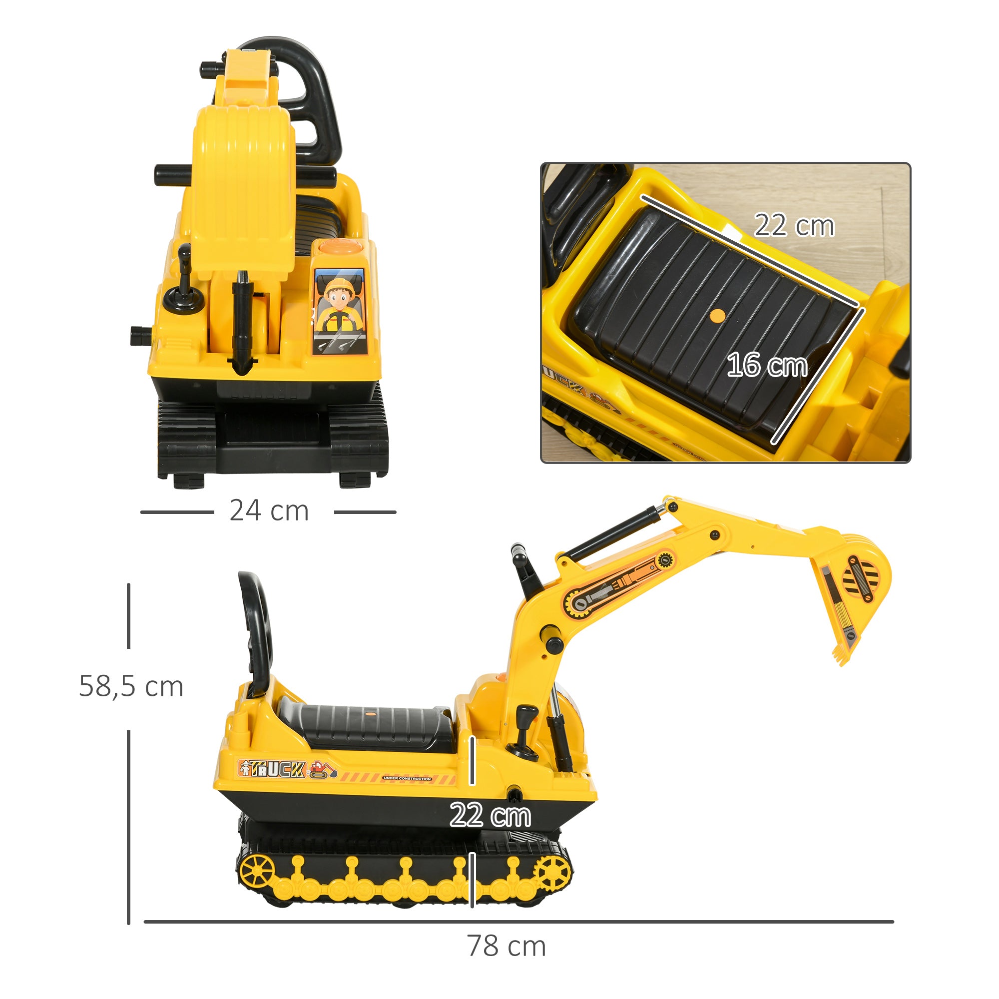 Ride-On Excavator with Shovel Horn, Kids Excavator with Storage Space Under Seat, Ride-On Excavator Vehicle for Sitting up to 30kg, Sand Excavator for Kids 1.5-4 Years Yellow