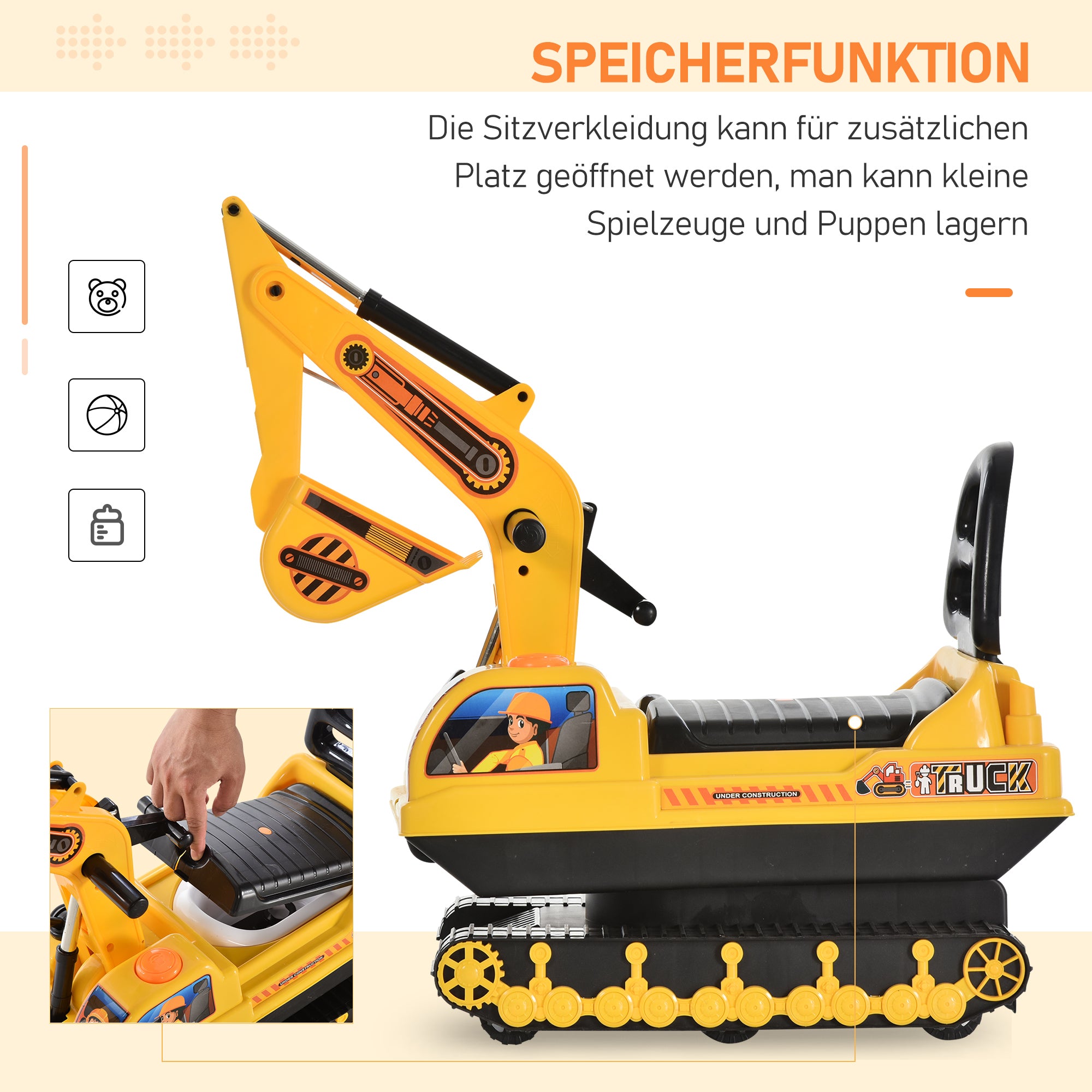 Ride-On Excavator with Shovel Horn, Kids Excavator with Storage Space Under Seat, Ride-On Excavator Vehicle for Sitting up to 30kg, Sand Excavator for Kids 1.5-4 Years Yellow