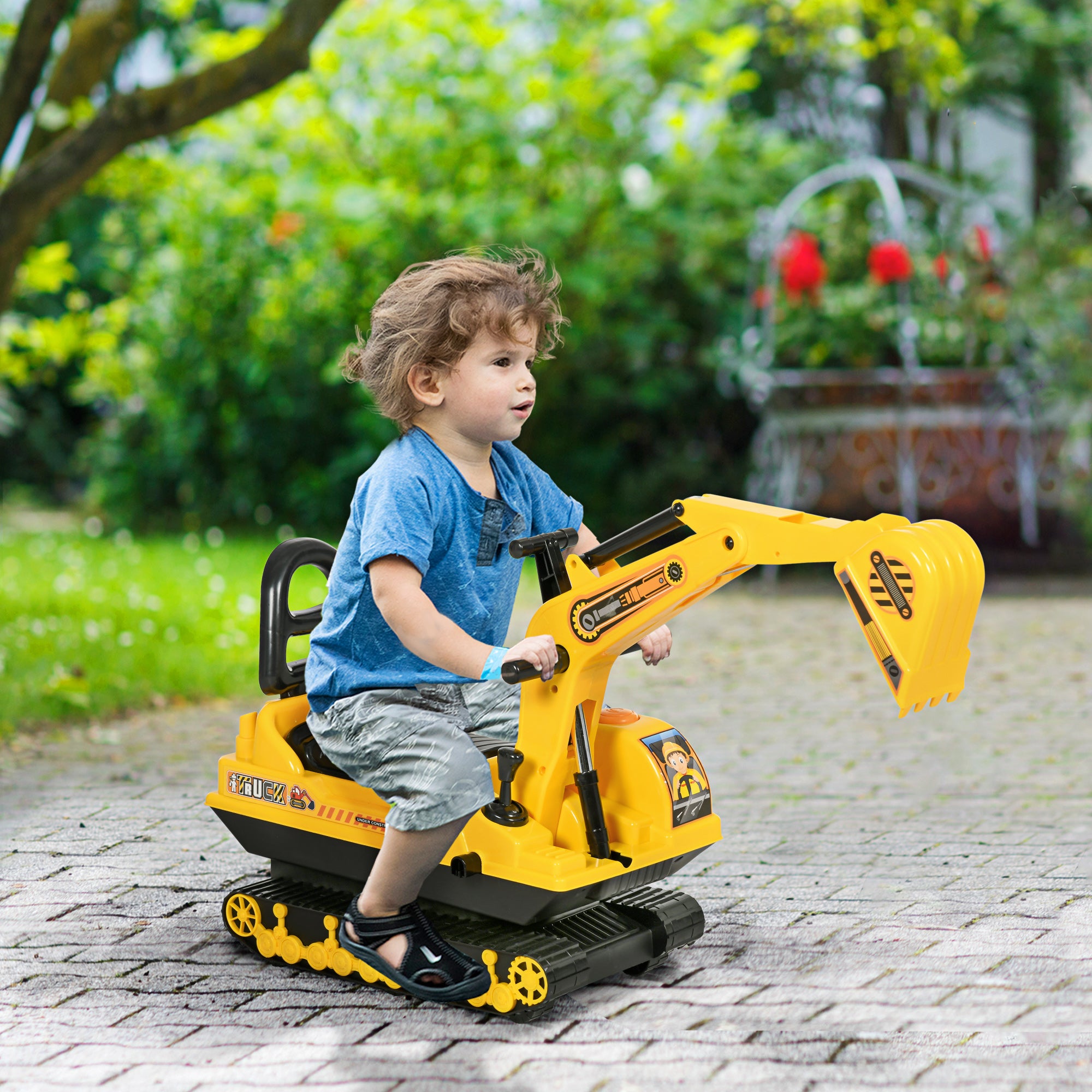 Ride-On Excavator with Shovel Horn, Kids Excavator with Storage Space Under Seat, Ride-On Excavator Vehicle for Sitting up to 30kg, Sand Excavator for Kids 1.5-4 Years Yellow