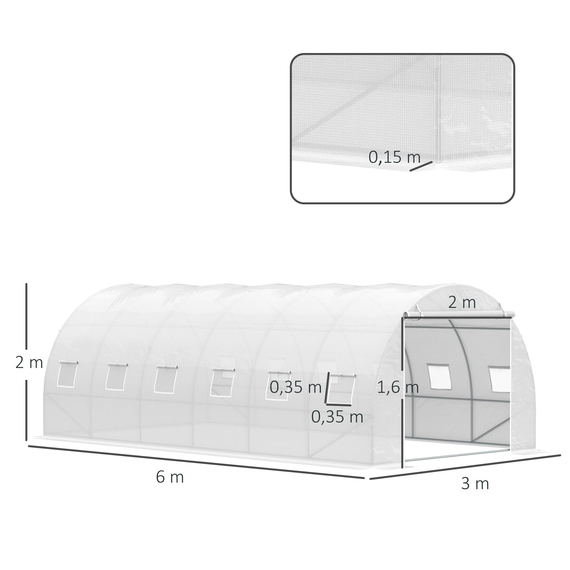 6x3x2 m Tunnel Greenhouse Garden with Roll-Up Door 12 Mesh Windows PE 140 g/m² and Galvanized Metal for Growing Plants Vegetables White