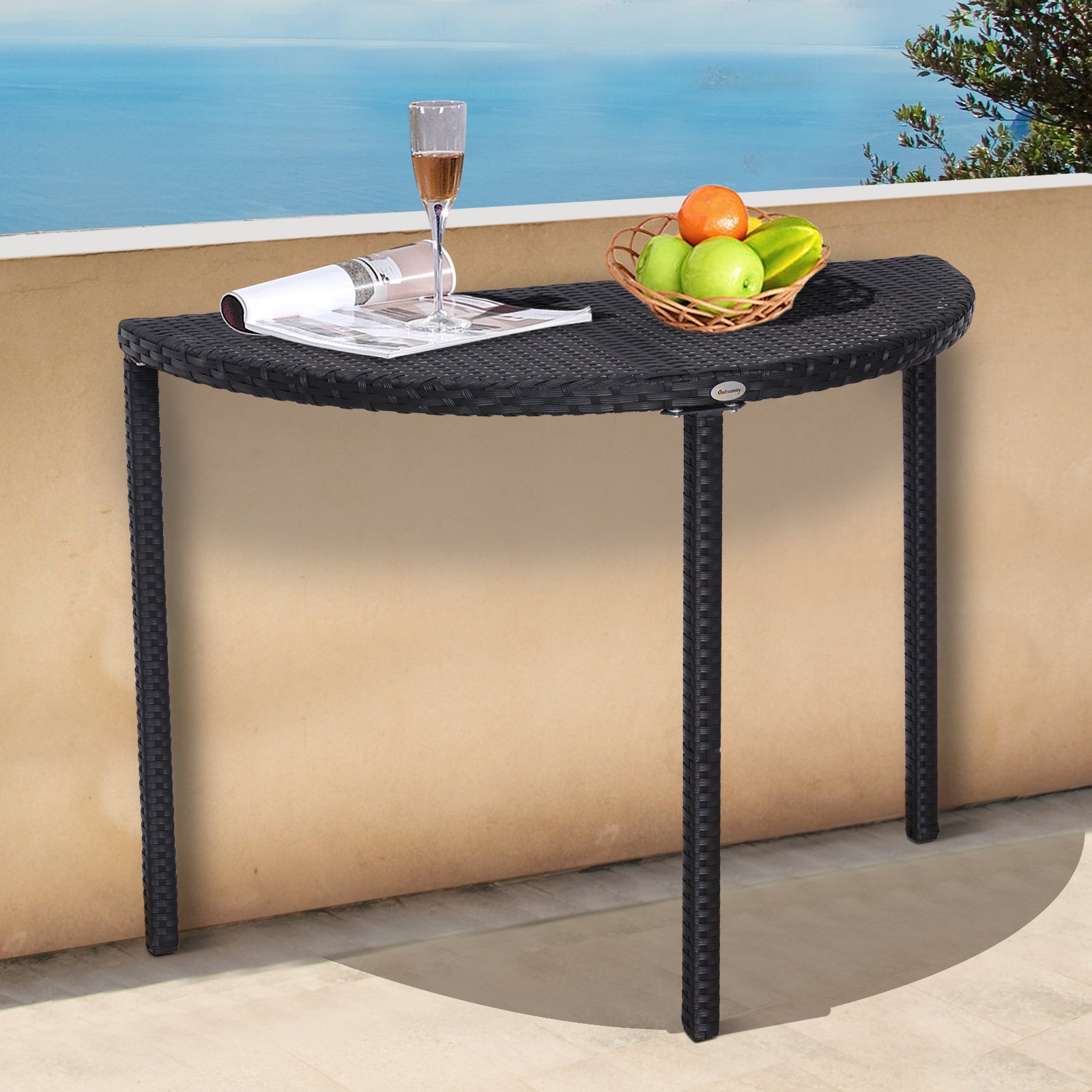 Balcony Table Garden Side Table Table Outdoor Furniture semicircular Poly Rattan Metal Black 100 x 50 x 74 cm