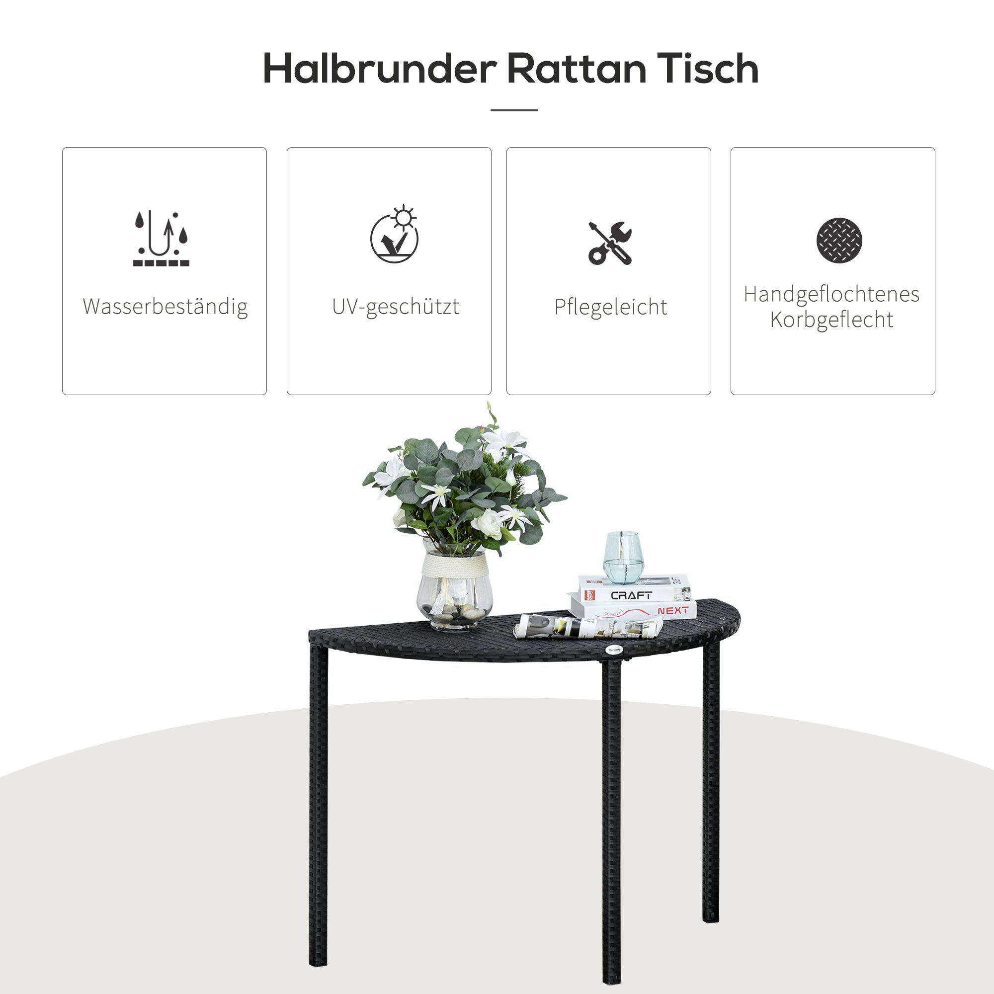 Balcony Table Garden Side Table Table Outdoor Furniture semicircular Poly Rattan Metal Black 100 x 50 x 74 cm