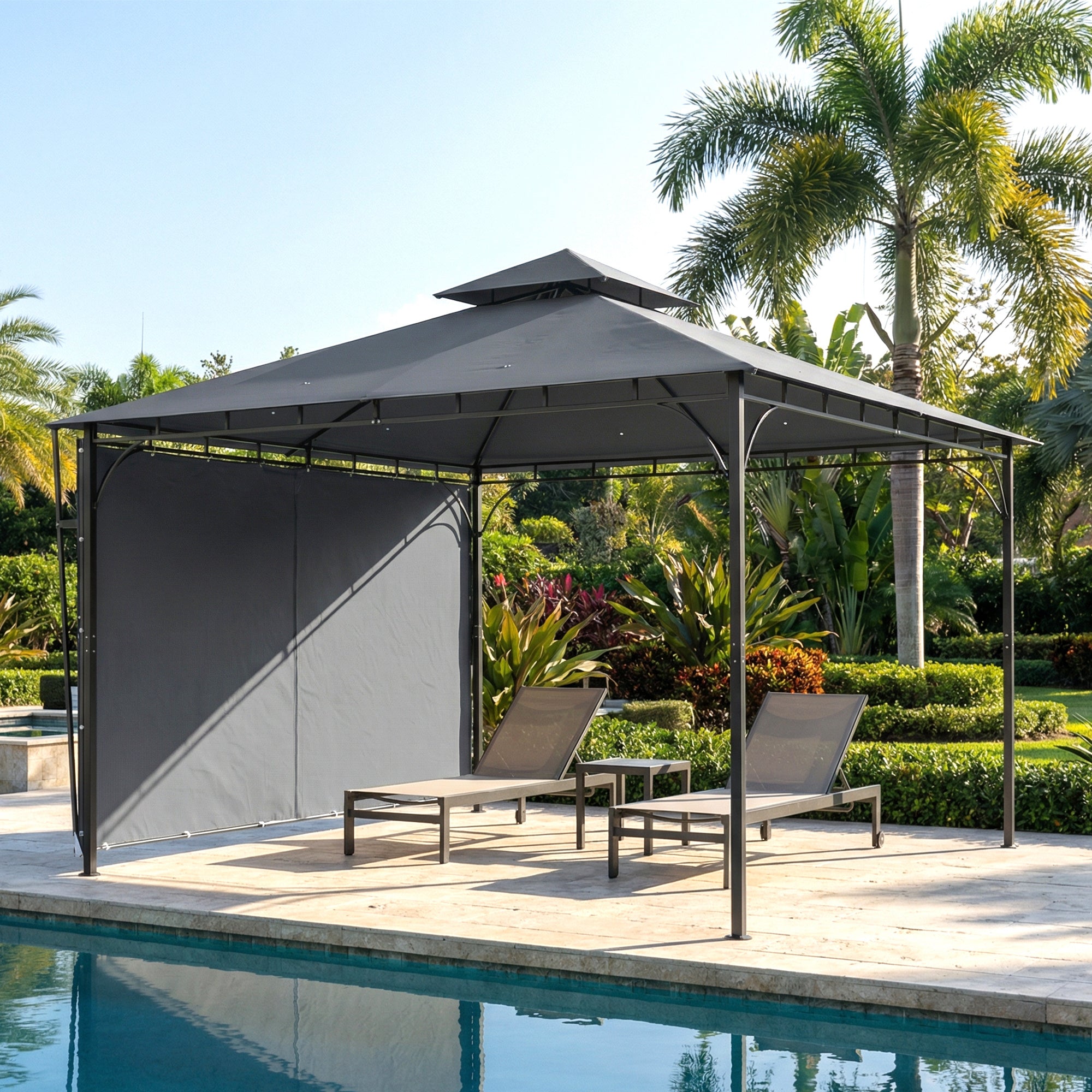 3.2 x 3.2 m (10.5 x 10.5 ft) Metal Garden Gazebo — Retractable Canopy, Double Roof, UPF 30+, Dark Gray