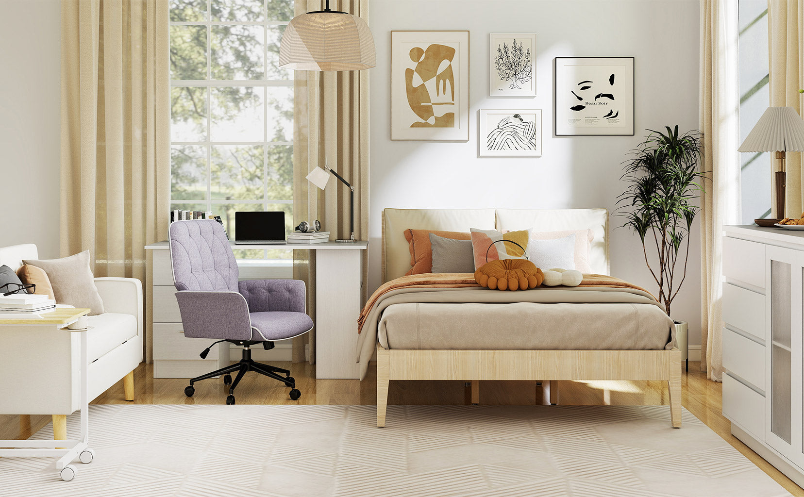 Modern bedroom with a bed, desk, and chair.