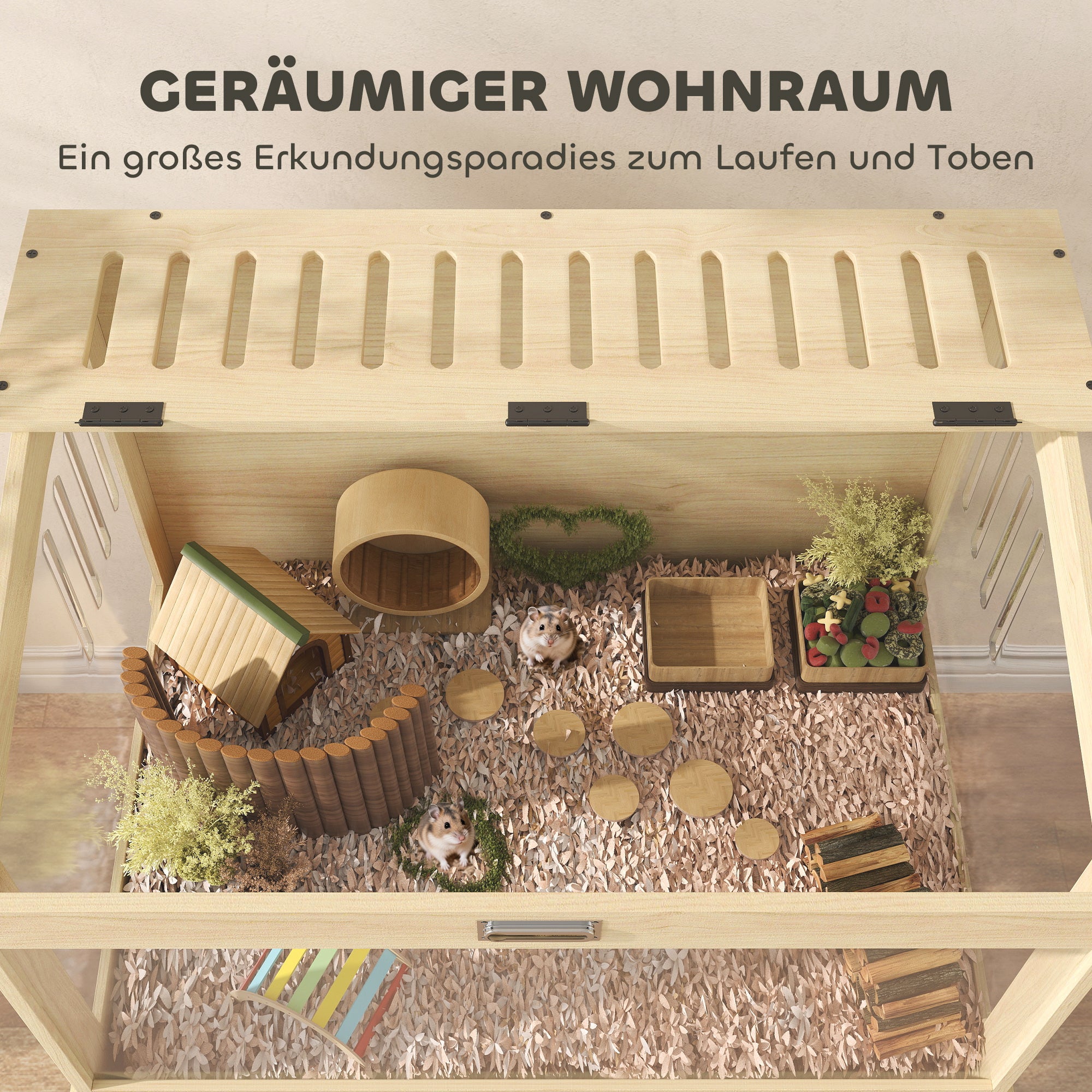 Hamster Cage 2 Tiers Small Animal Cage with Foldable Lid, Large Pet House Cage for Hamster Dwarf Hamster 83.2 x 50 x 103 cm Natural Wood