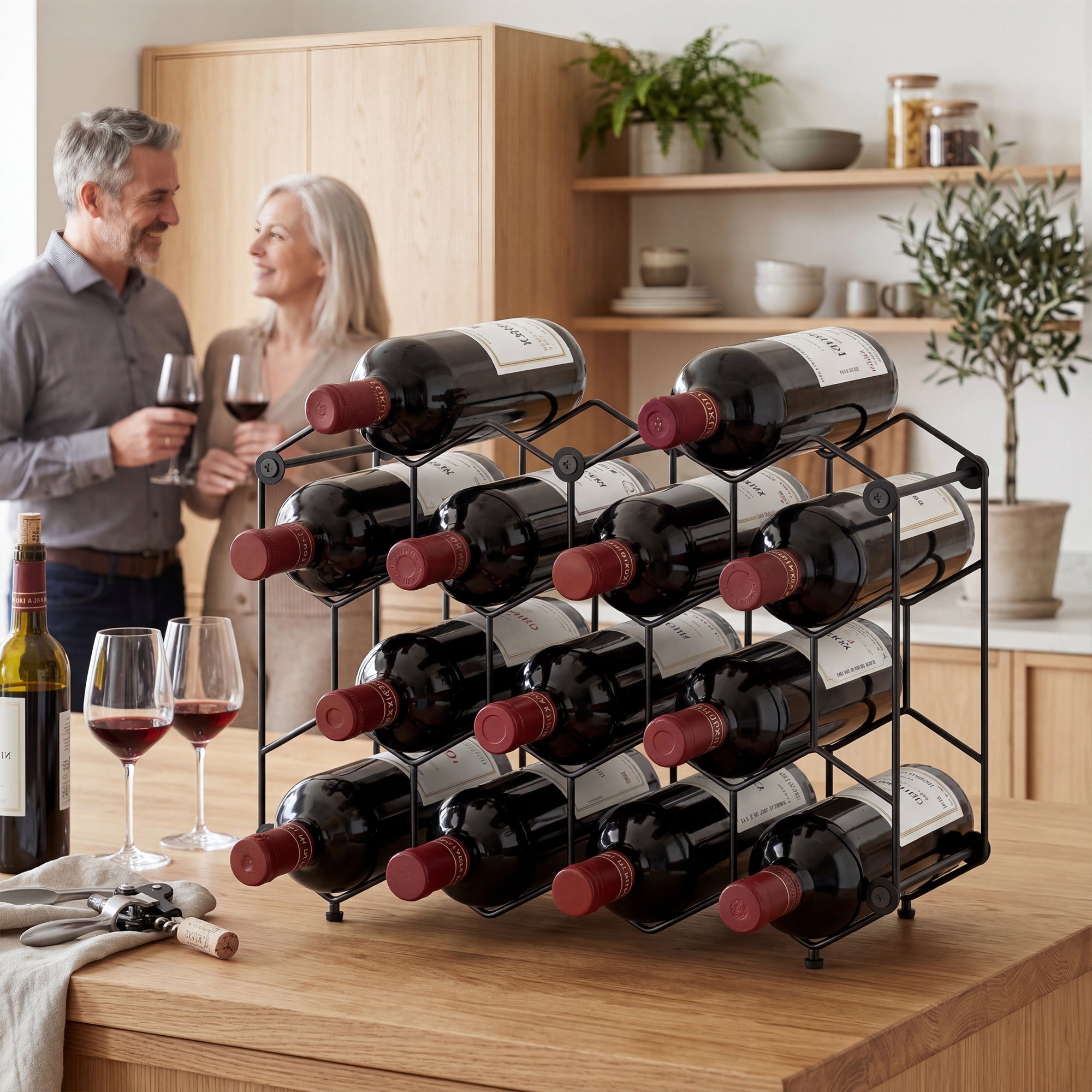 Industrial Honeycomb Wine Rack for 13 Bottles, Metal, Adjustable Feet & Anti-Tip Strap, Black