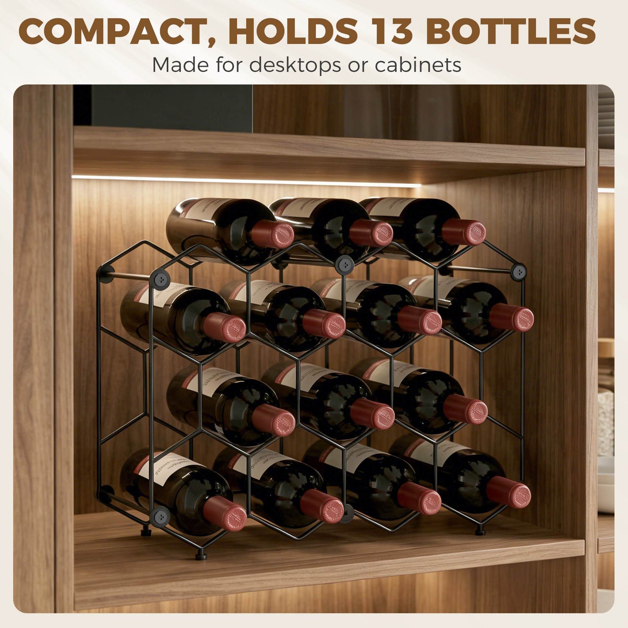 Industrial Honeycomb Wine Rack for 13 Bottles, Metal, Adjustable Feet & Anti-Tip Strap, Black
