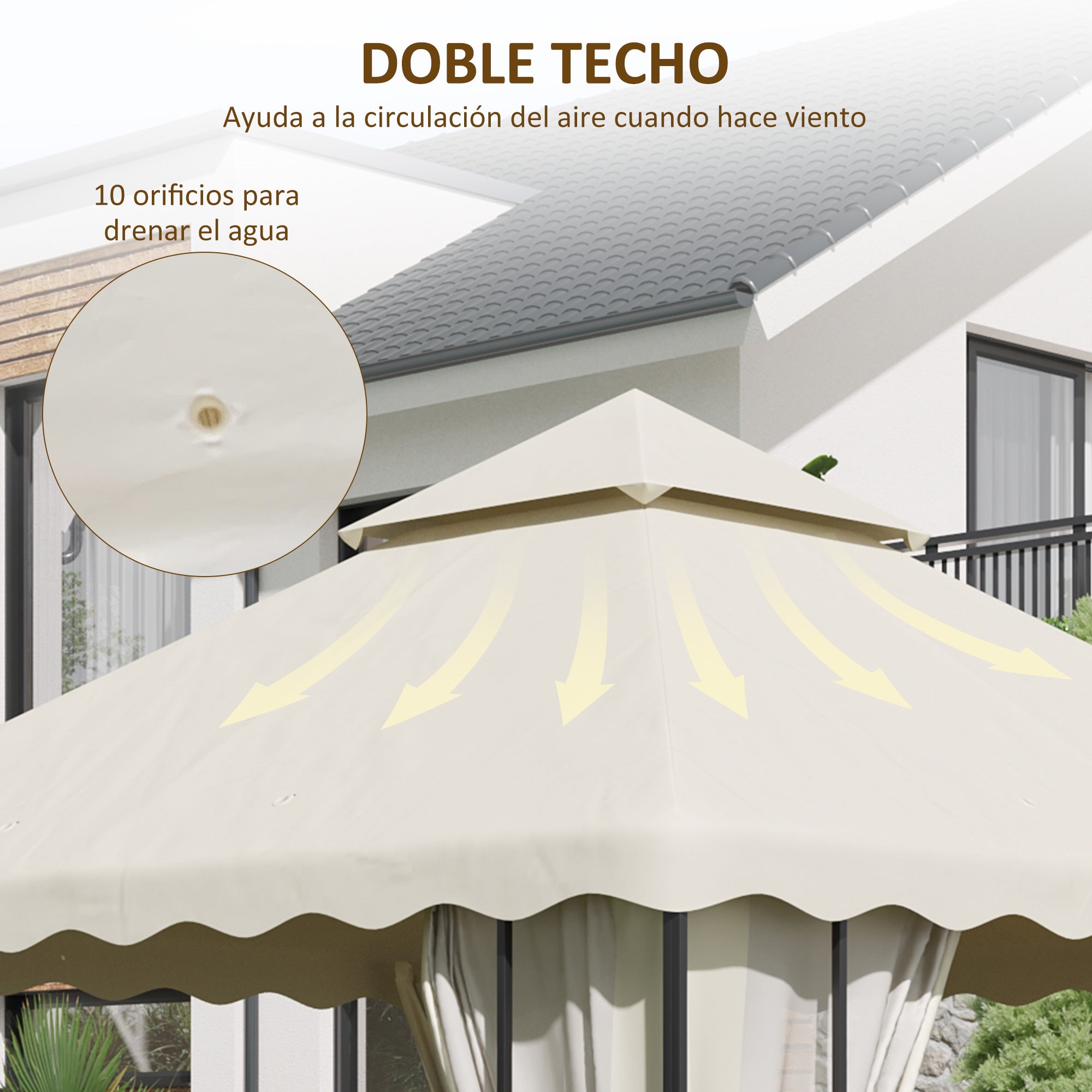 Replacement Canopy Top for Gazebo 3x3m Replacement Cover with Double Roof and 10 Drainage Holes Polyester Fabric for Tent Pavilion Gazebo Cream
