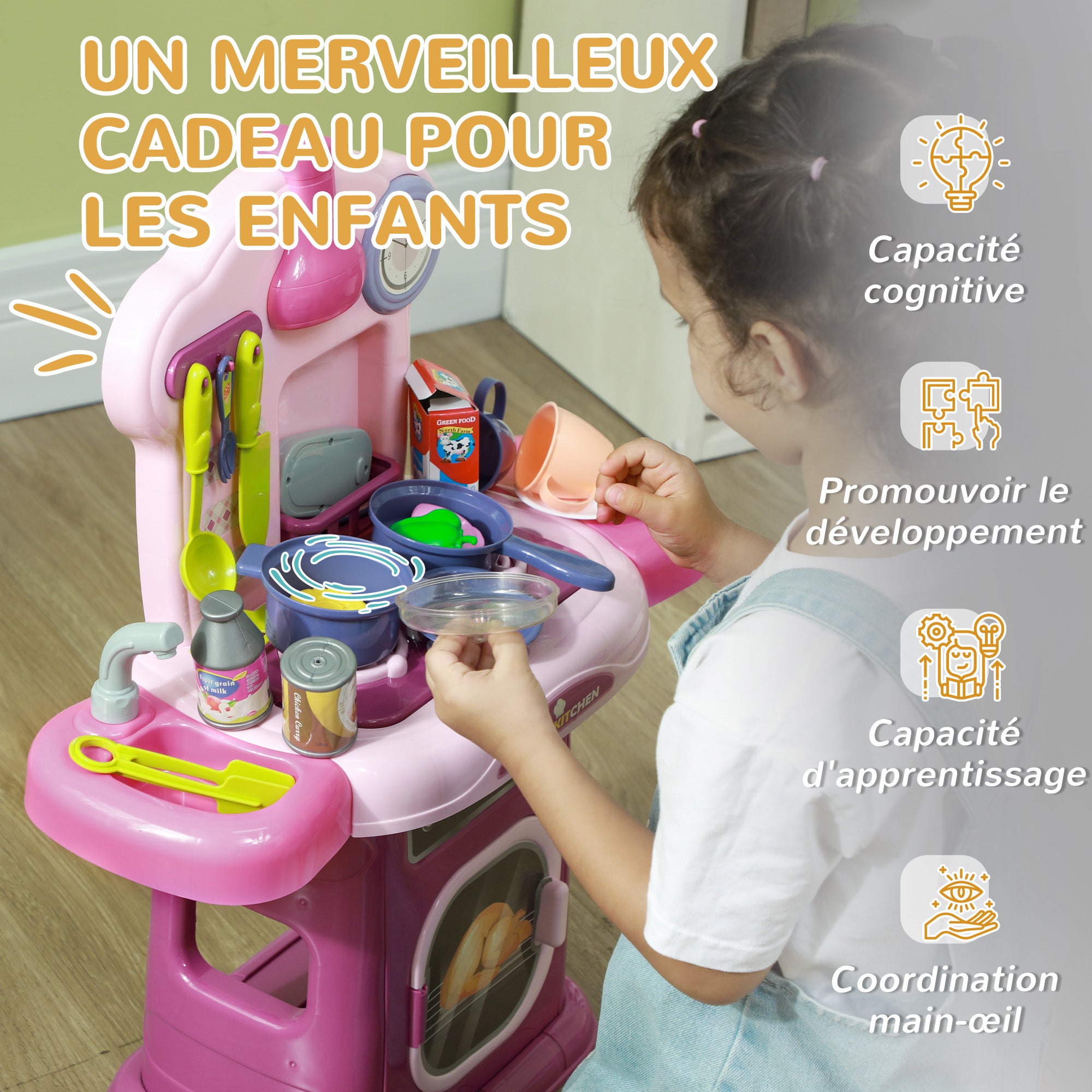 Kids Kitchen Playset Toy 38 PCS Pretend Play Kitchen Accessories - for 3-6 years with realistic lights and sounds, Pink